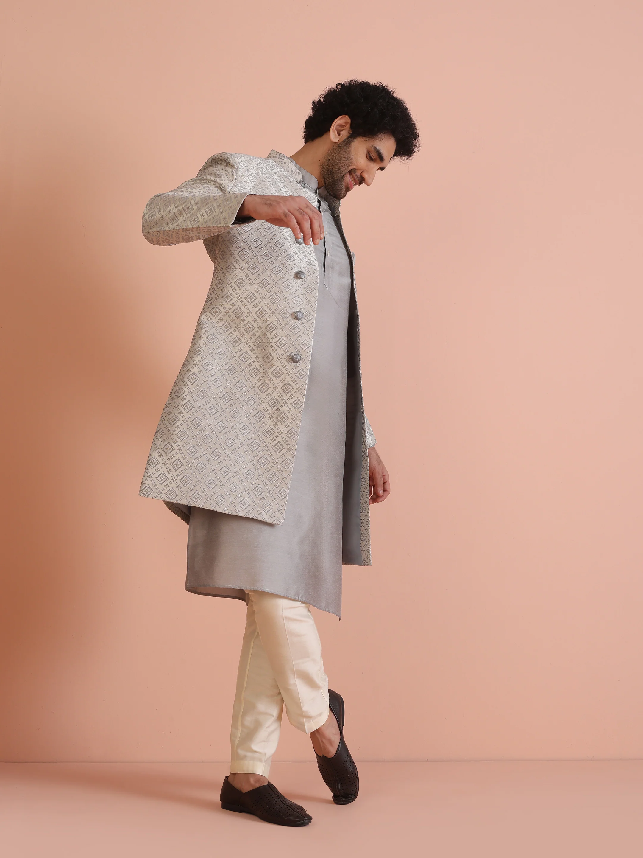 Grey Silk Blend Woven Sherwani Kurta Trouser Set - Image 3