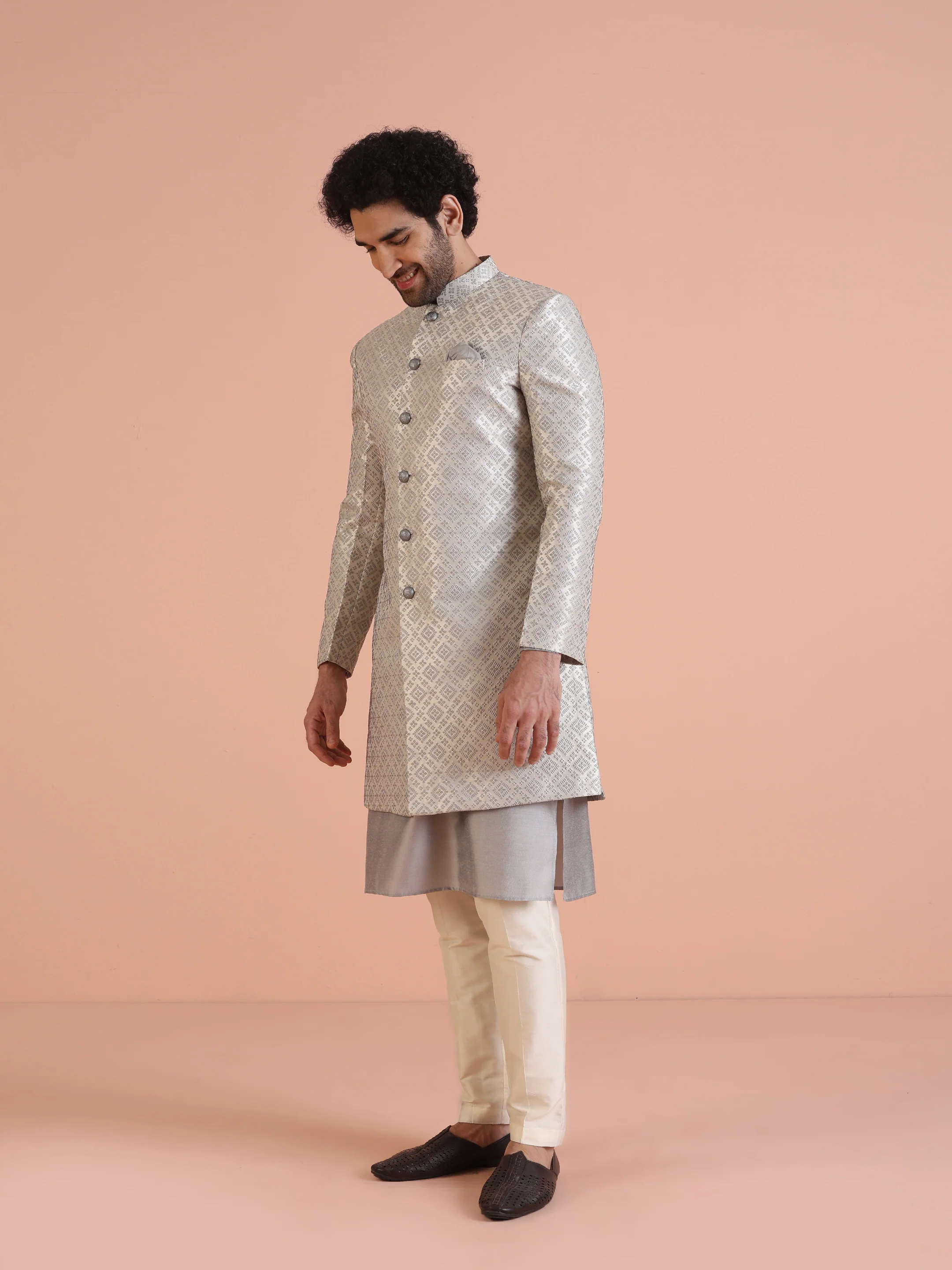 Grey Silk Blend Woven Sherwani Kurta Trouser Set - Image 4