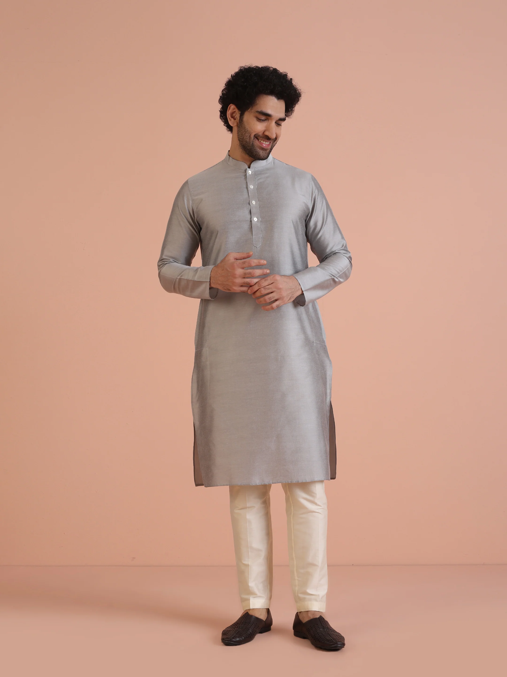 Grey Silk Blend Woven Sherwani Kurta Trouser Set - Image 6