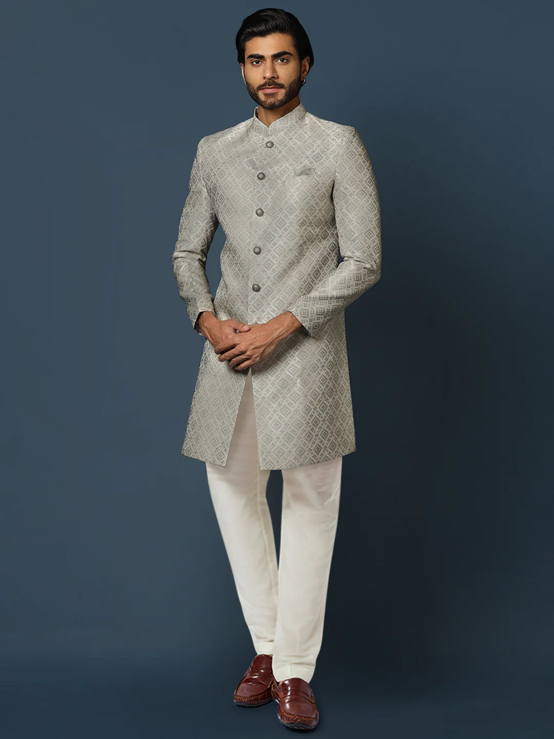Grey Textured Sherwani Churidar Set