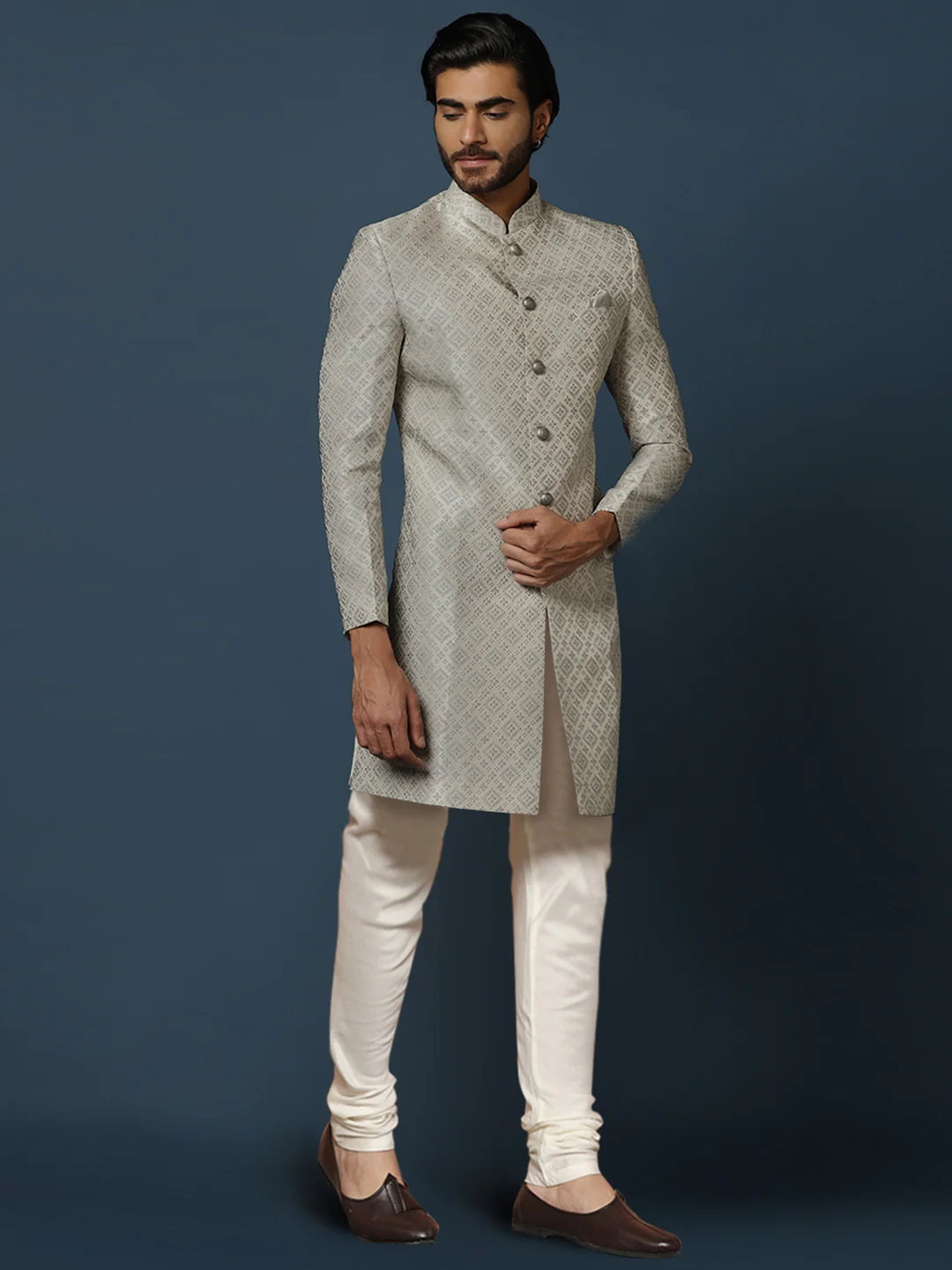Grey Textured Sherwani Churidar Set - Image 3