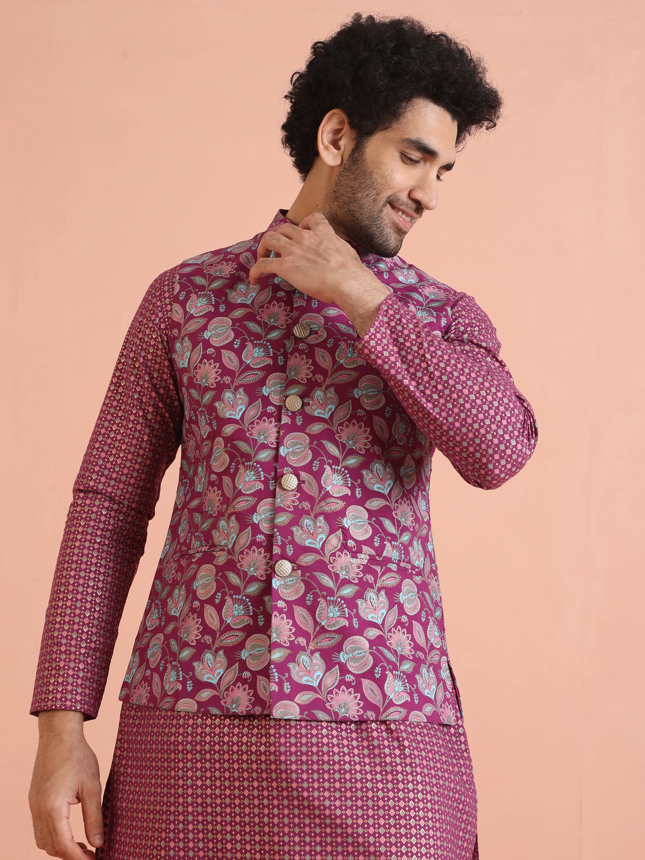Hot Pink Printed Jacket Kurta Churidar Set - Image 10