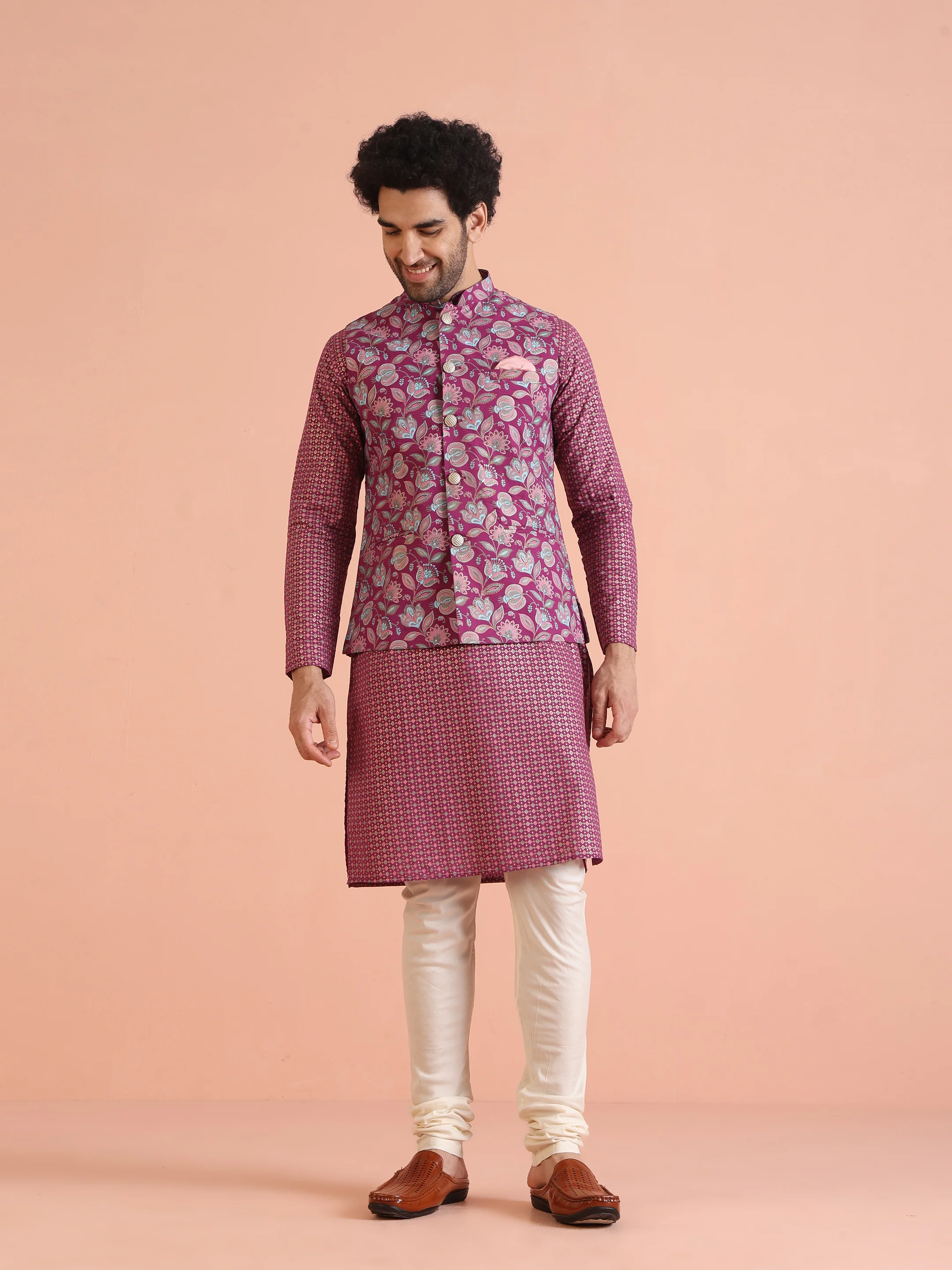 Hot Pink Printed Jacket Kurta Churidar Set - Image 11