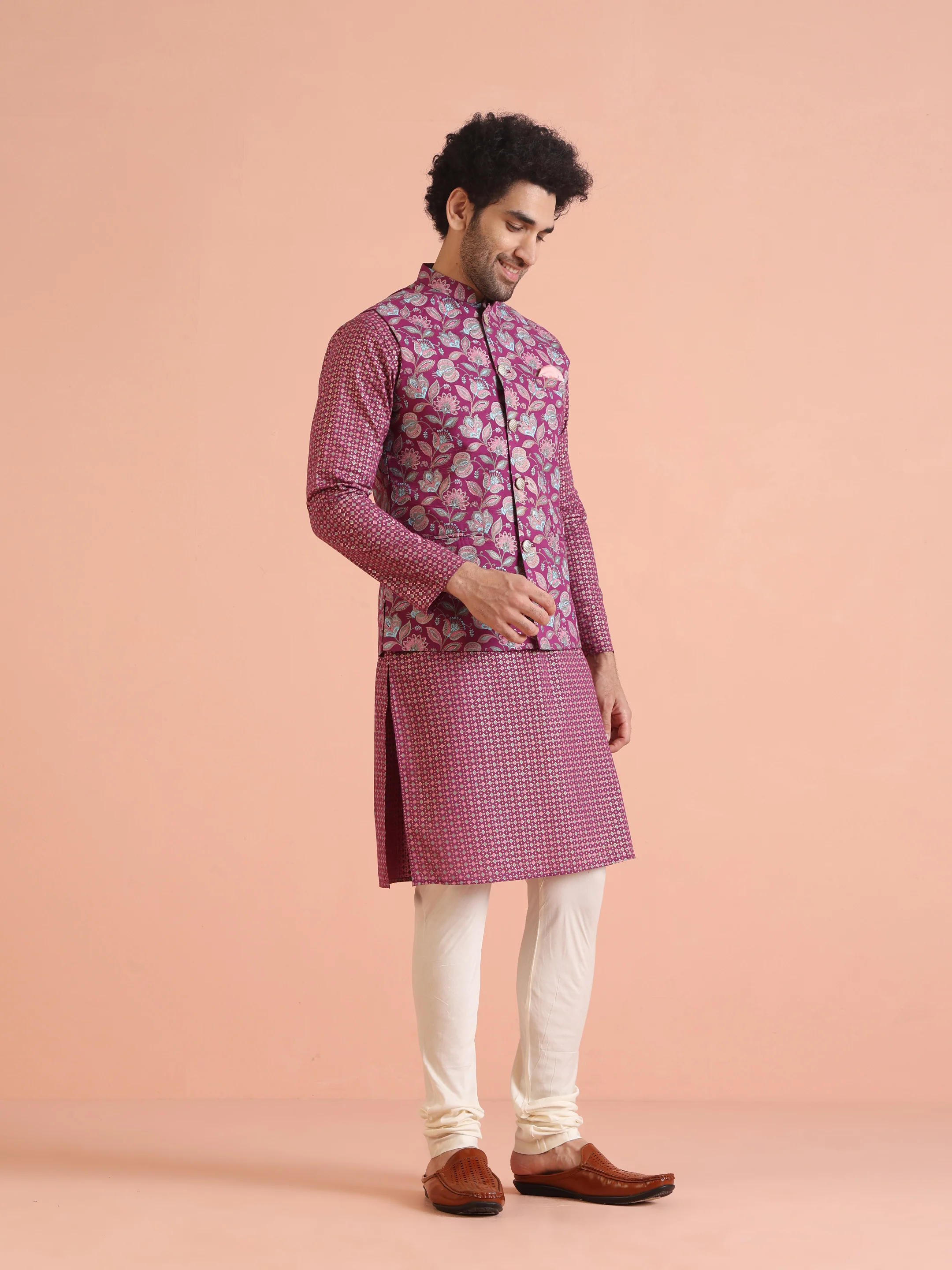 Hot Pink Printed Jacket Kurta Churidar Set - Image 3