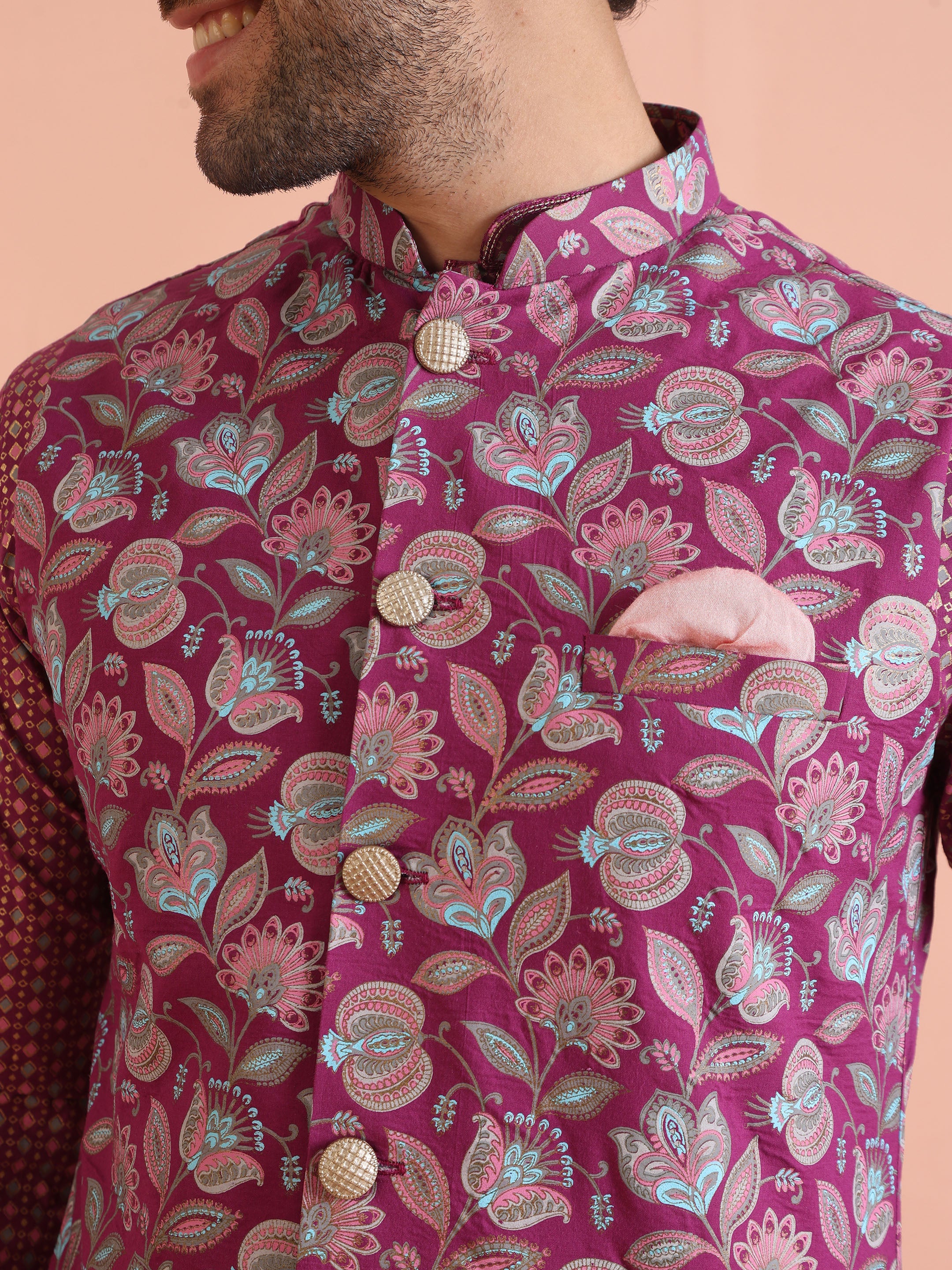 Hot Pink Printed Jacket Kurta Churidar Set - Image 6