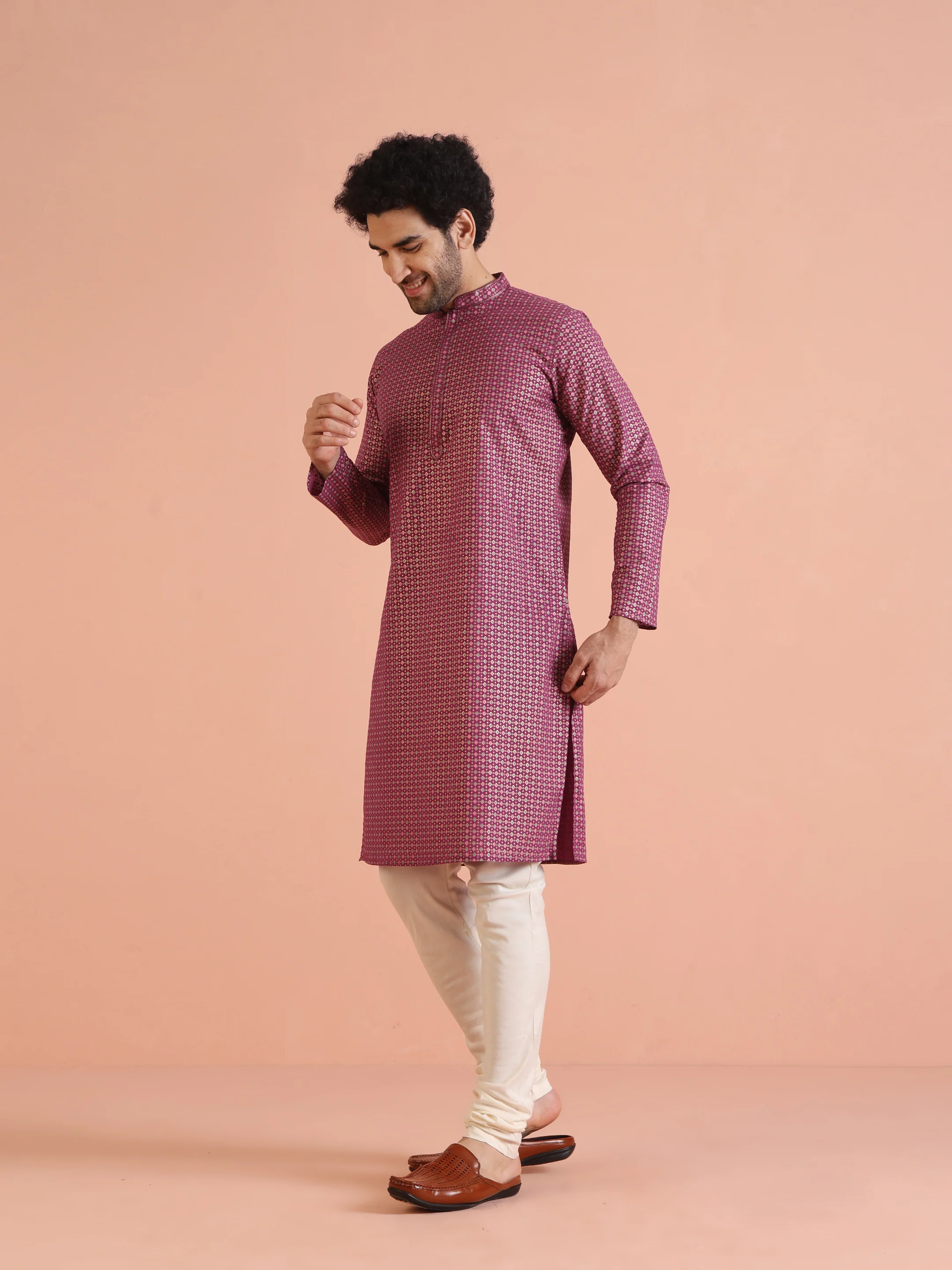 Hot Pink Printed Jacket Kurta Churidar Set - Image 8