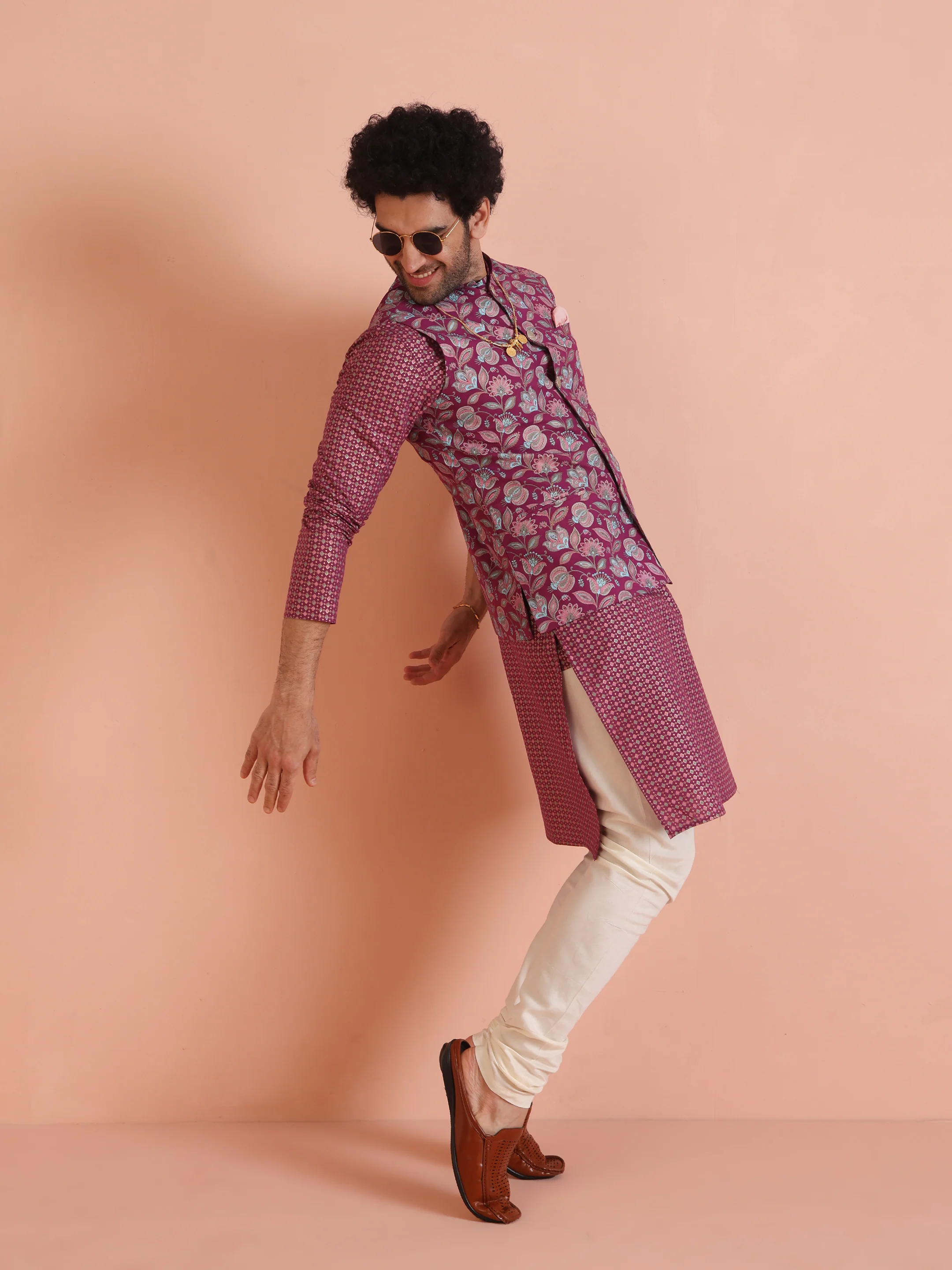 Hot Pink Printed Jacket Kurta Churidar Set - Image 9