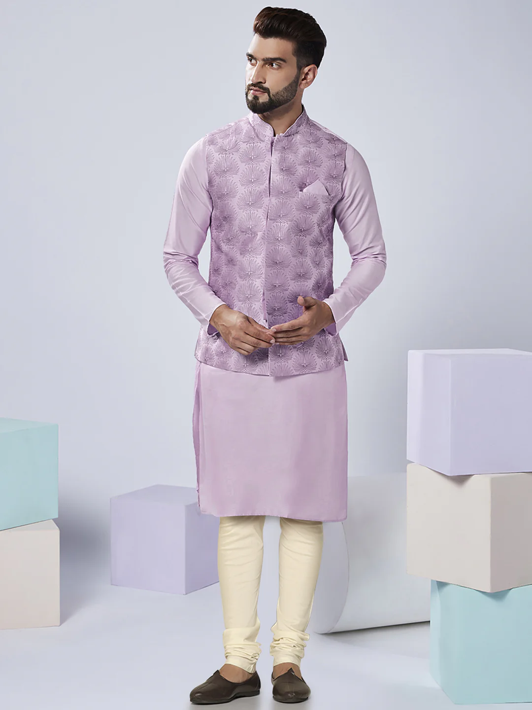 Men's Lavender Kurta Jacket Churidar Set