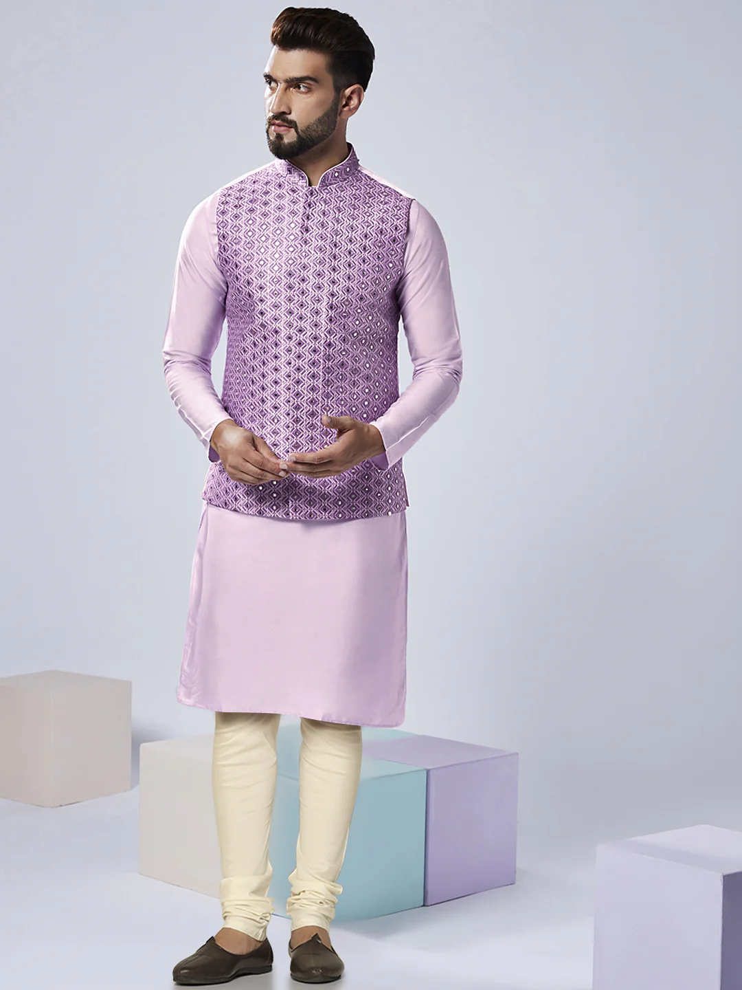 Men's Lavender Kurta Jacket Churidar Set