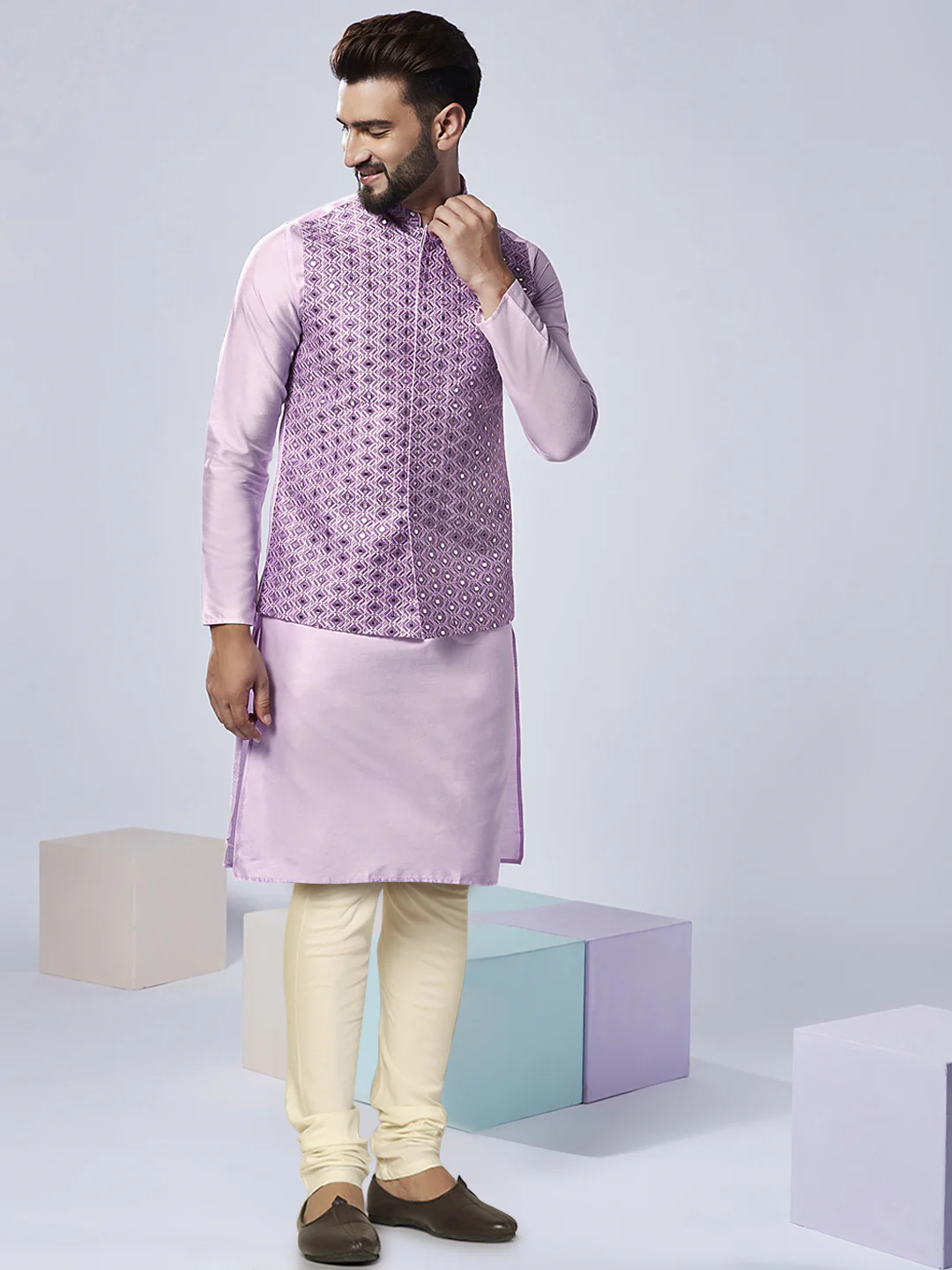 Men's Lavender Kurta Jacket Churidar Set - Image 2