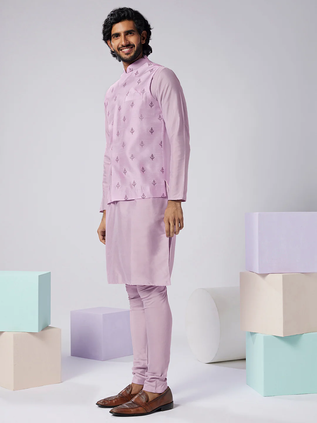 Lavender Art Silk Jacket Kurta Churidar Set - Image 3
