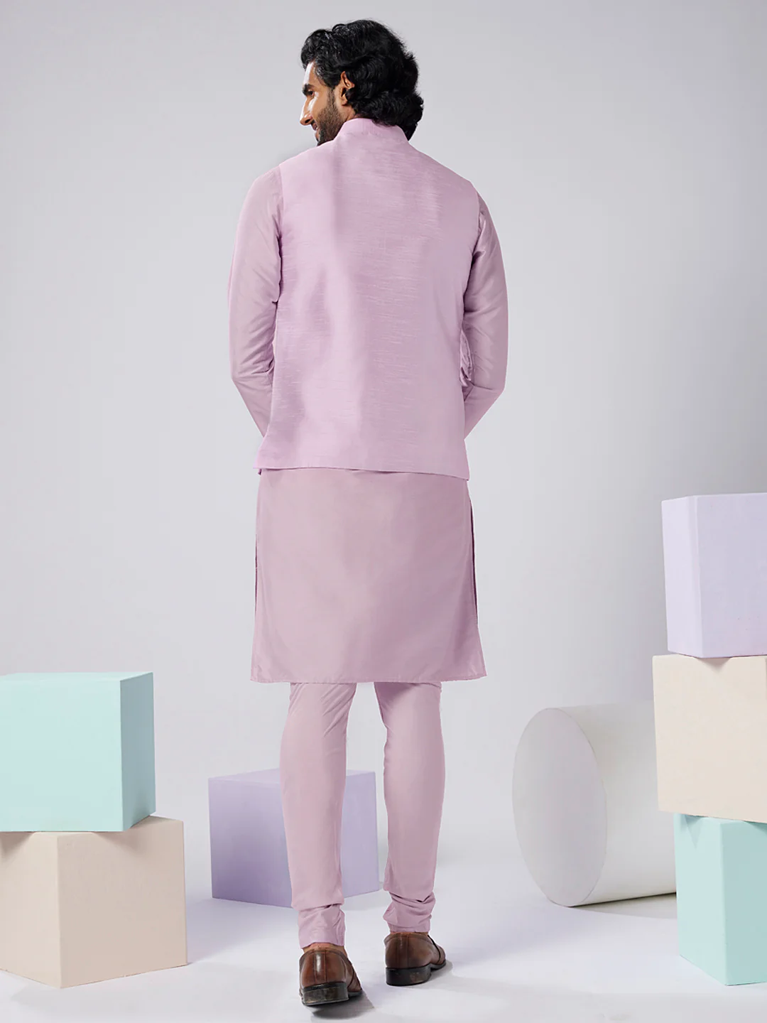 Lavender Art Silk Jacket Kurta Churidar Set - Image 4