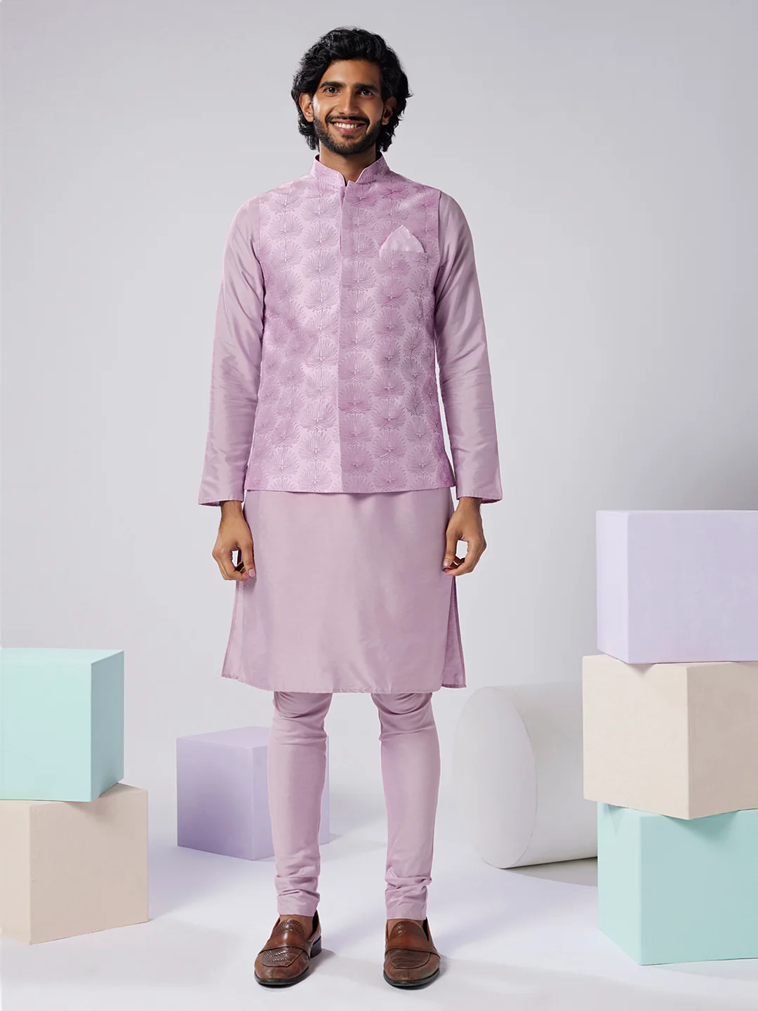 Lavender Silk Blend Textured Nehru Jacket Kurta Set