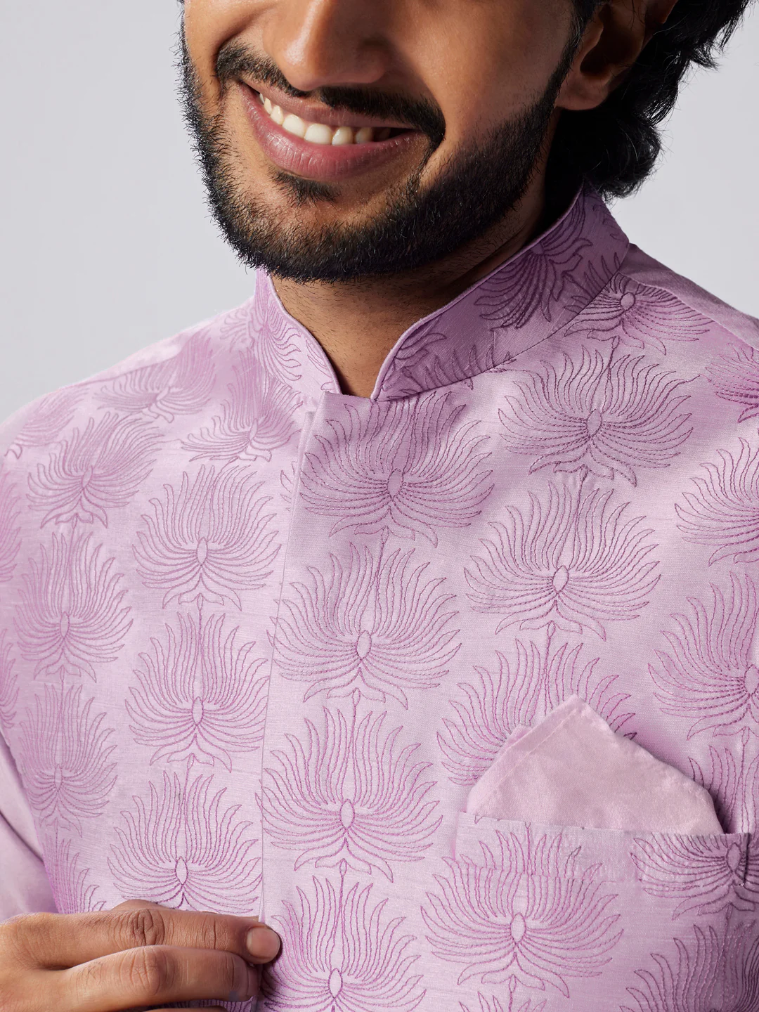 Lavender Silk Blend Textured Nehru Jacket Kurta Set - Image 6
