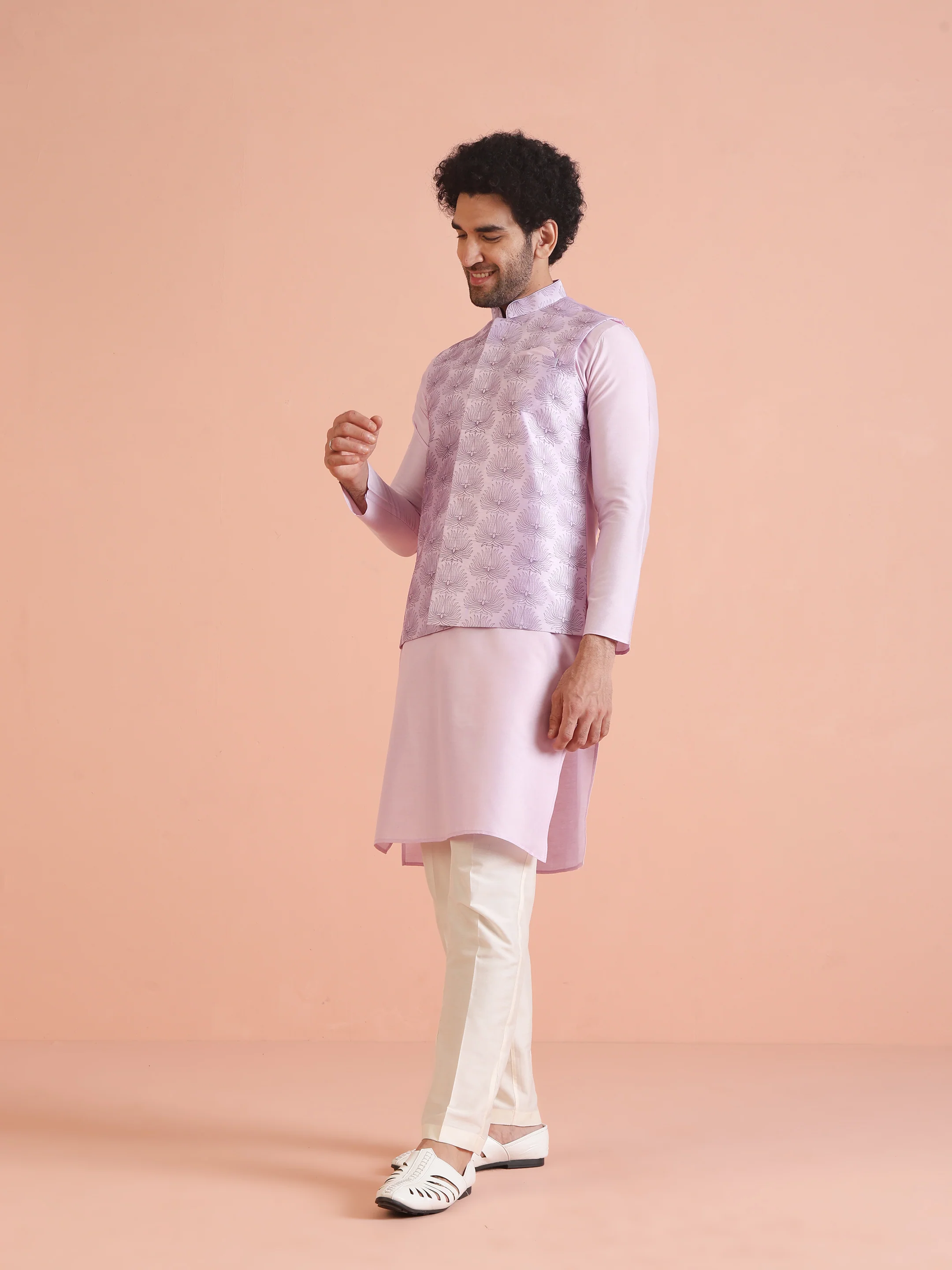 Lilac Silk Blend Embroidered Jacket Kurta Trouser Set - Image 2