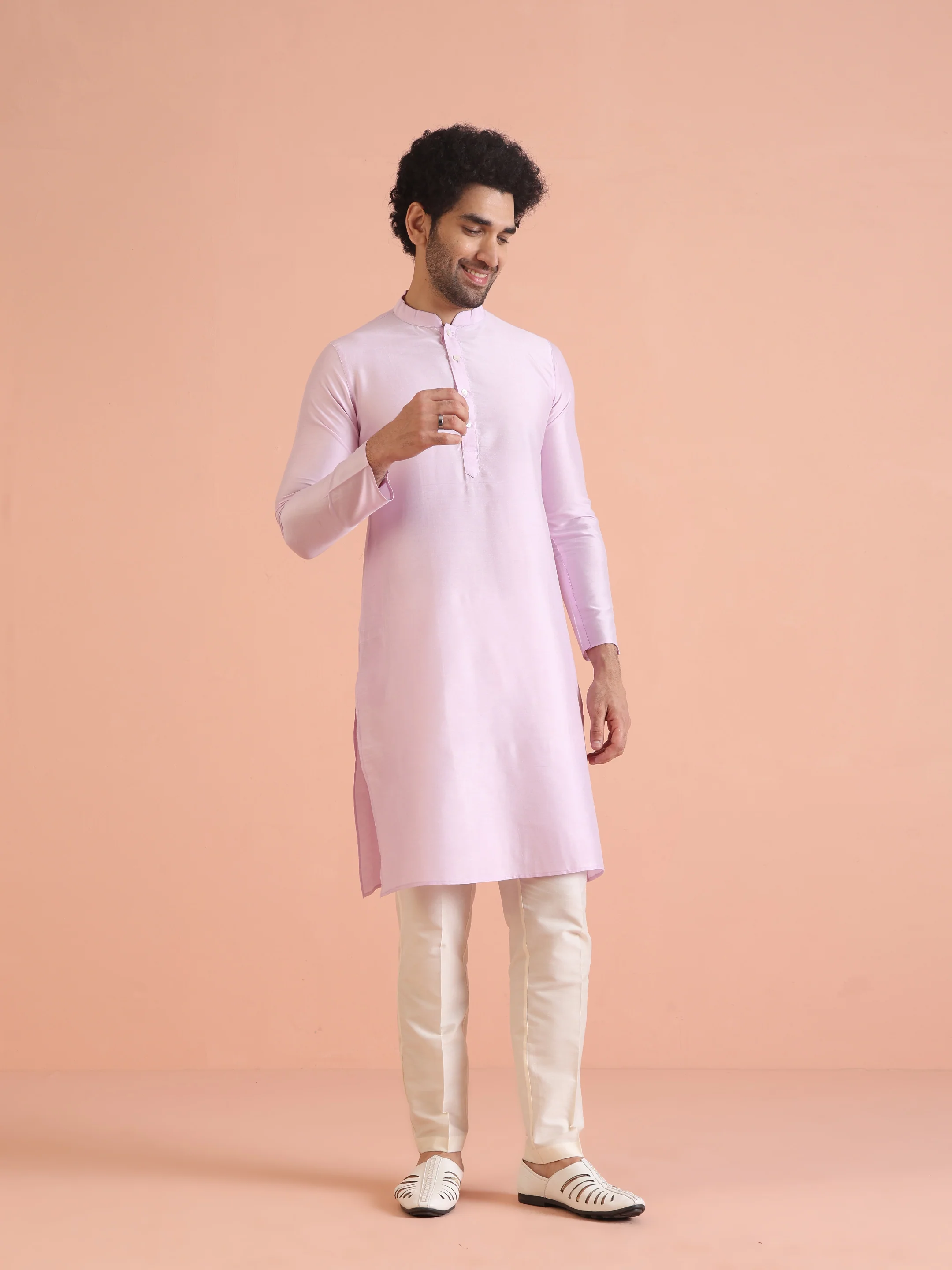 Lilac Silk Blend Embroidered Jacket Kurta Trouser Set - Image 5