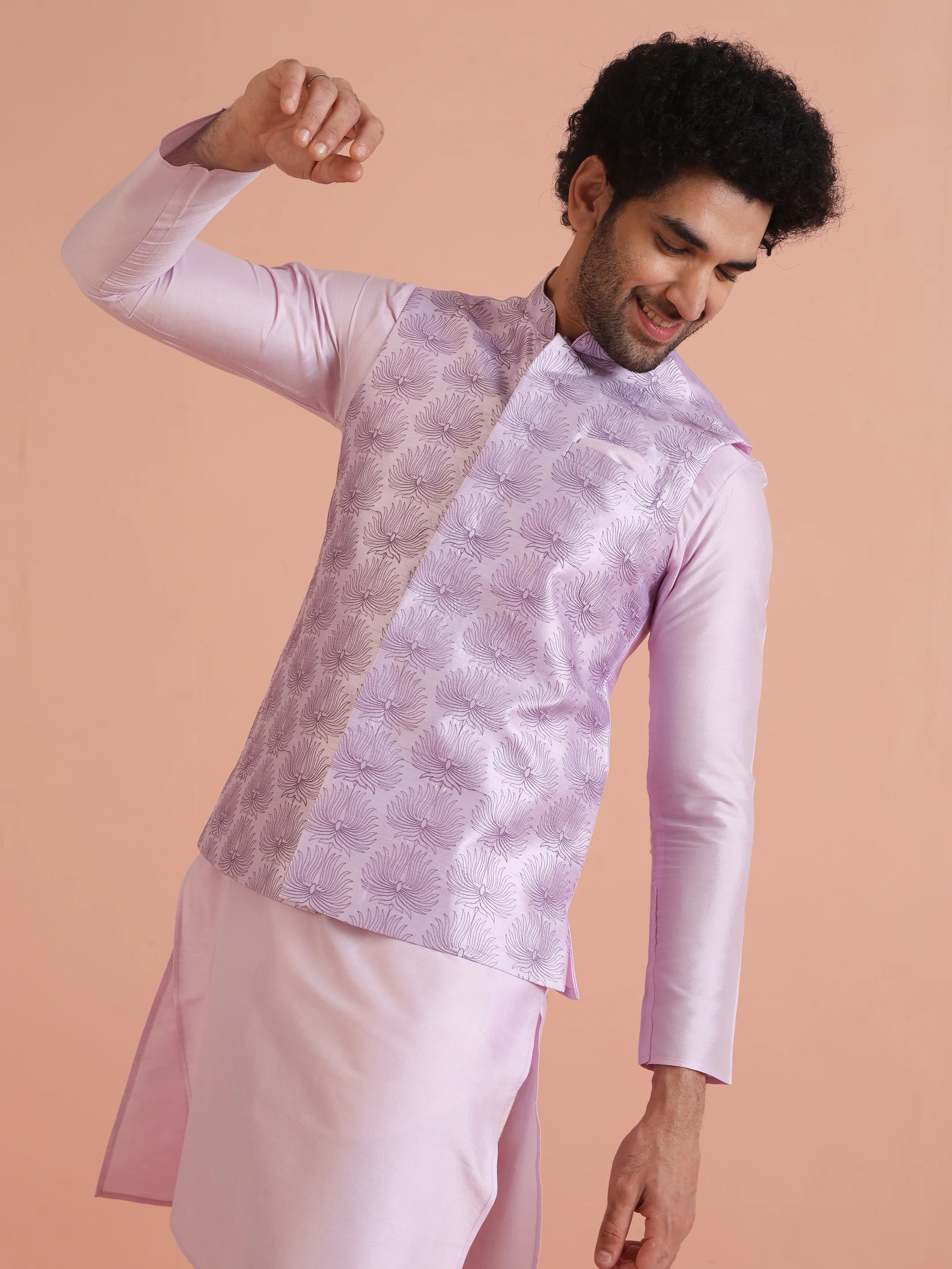 Lilac Silk Blend Embroidered Jacket Kurta Trouser Set - Image 8