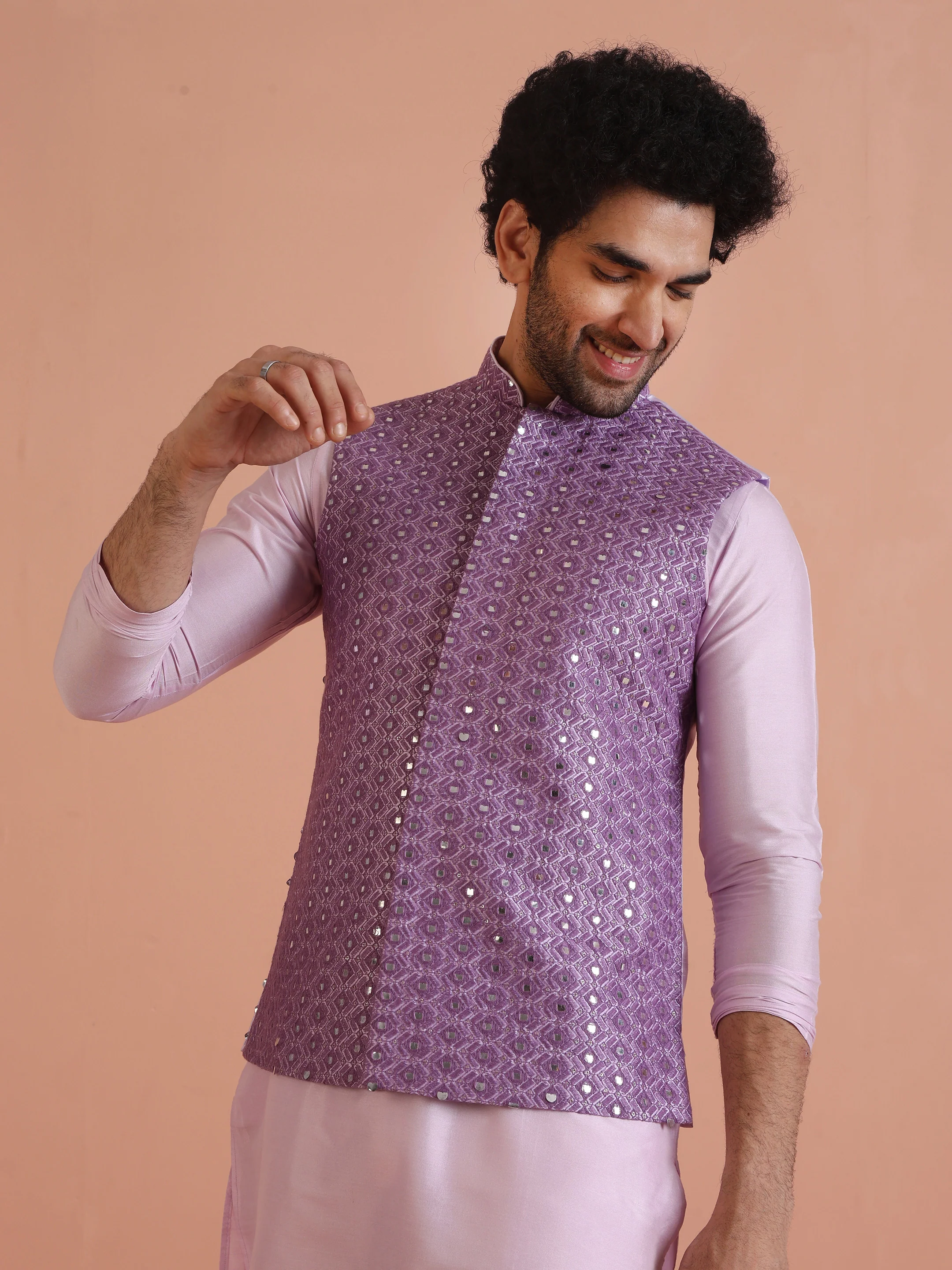 Lilac Mirror Work Kurta Jacket Trouser Set - Image 8