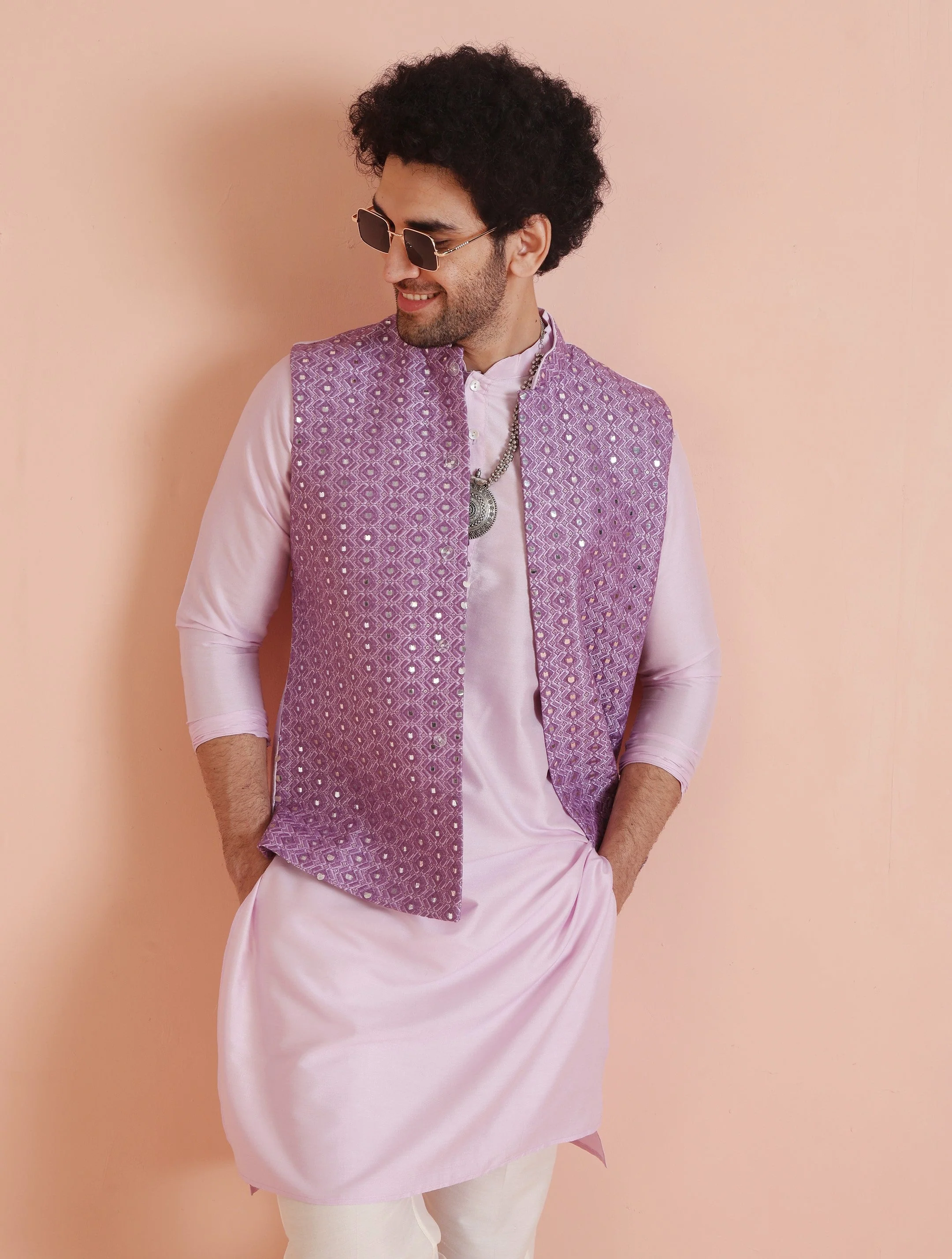 Lilac Mirror Work Kurta Jacket Trouser Set - Image 9