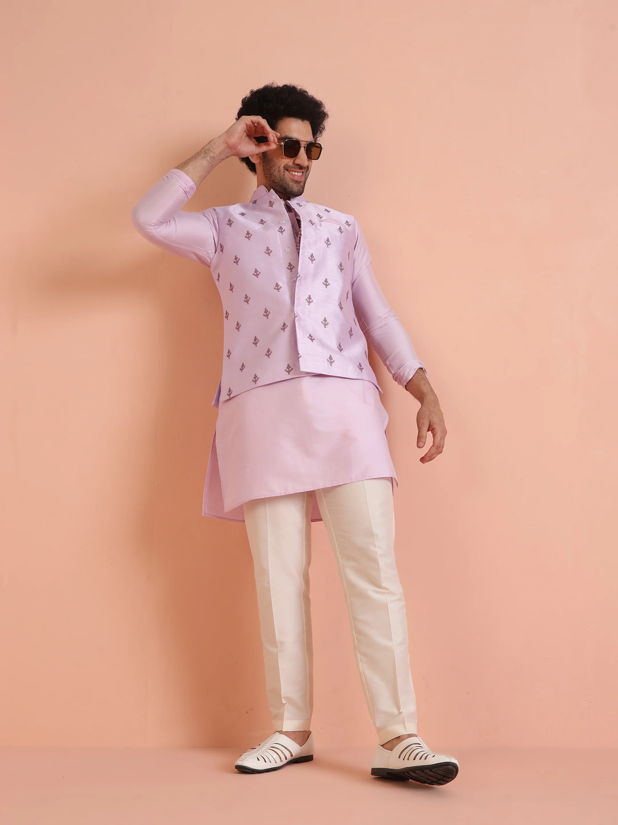 Lilac Thread Embroidered Nehru Jacket - Image 2