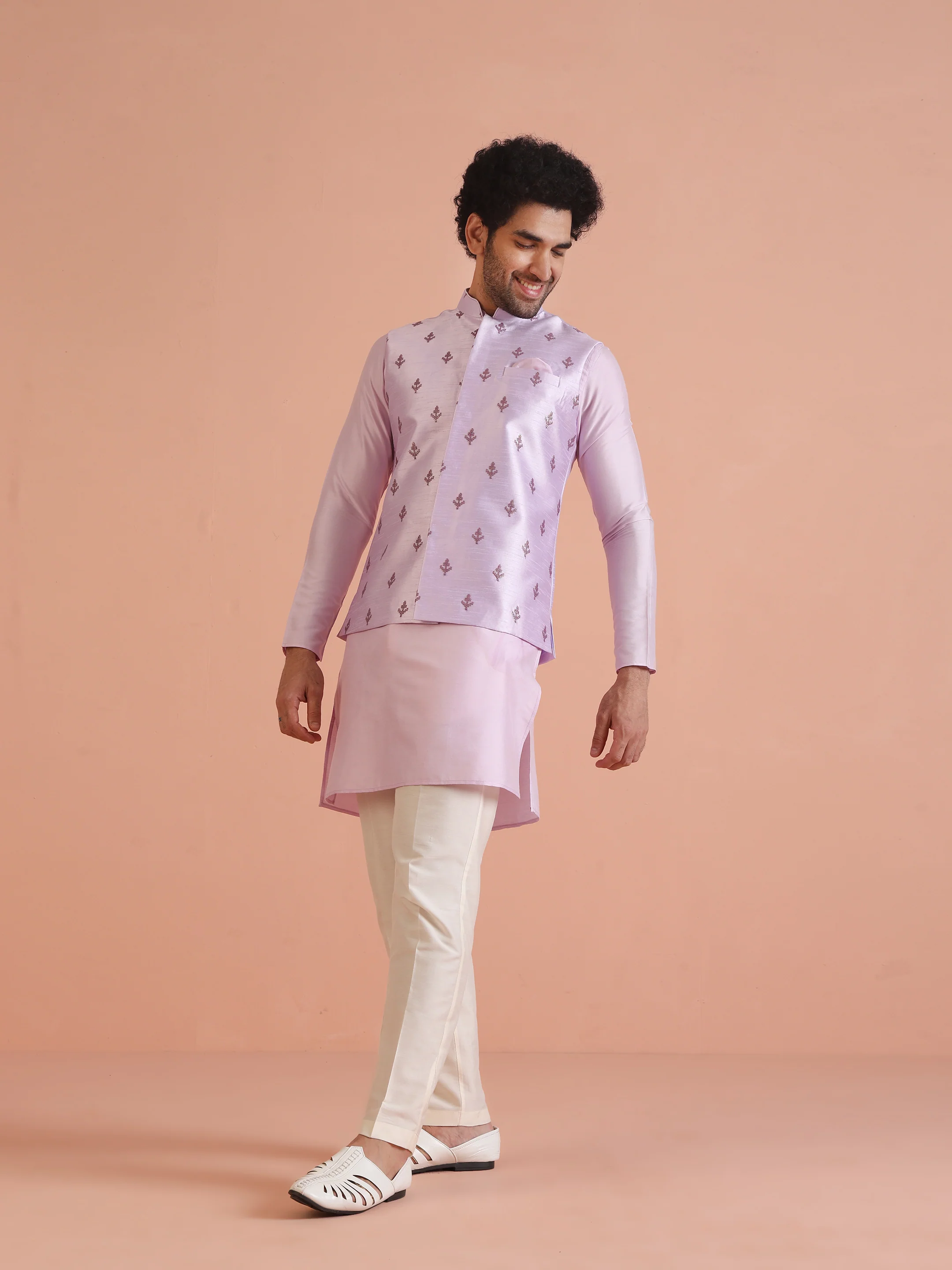 Lilac Thread Embroidered Nehru Jacket - Image 4