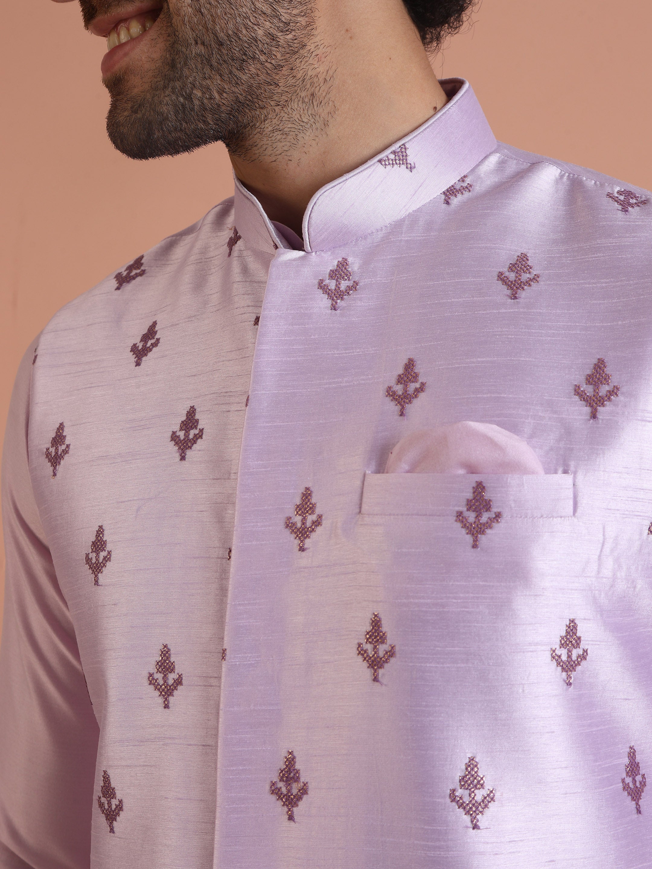 Lilac Thread Embroidered Nehru Jacket - Image 6
