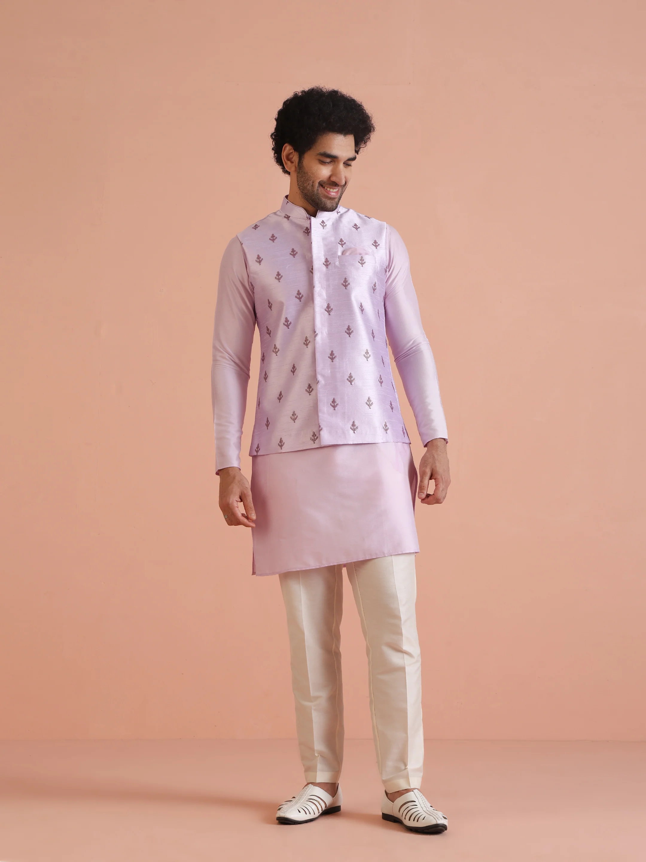 Lilac Thread Embroidered Nehru Jacket - Image 7