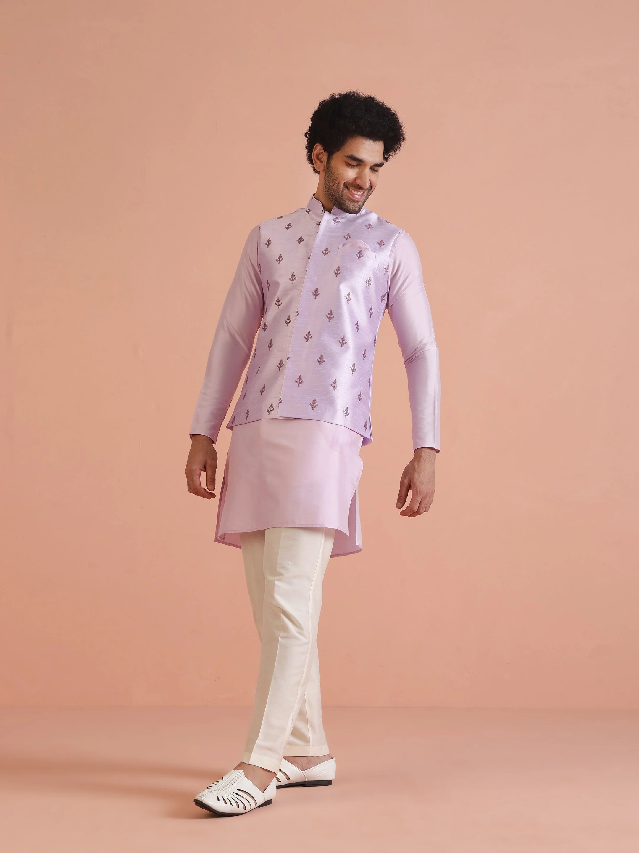 Lilac Thread Embroidered Nehru Jacket - Image 9