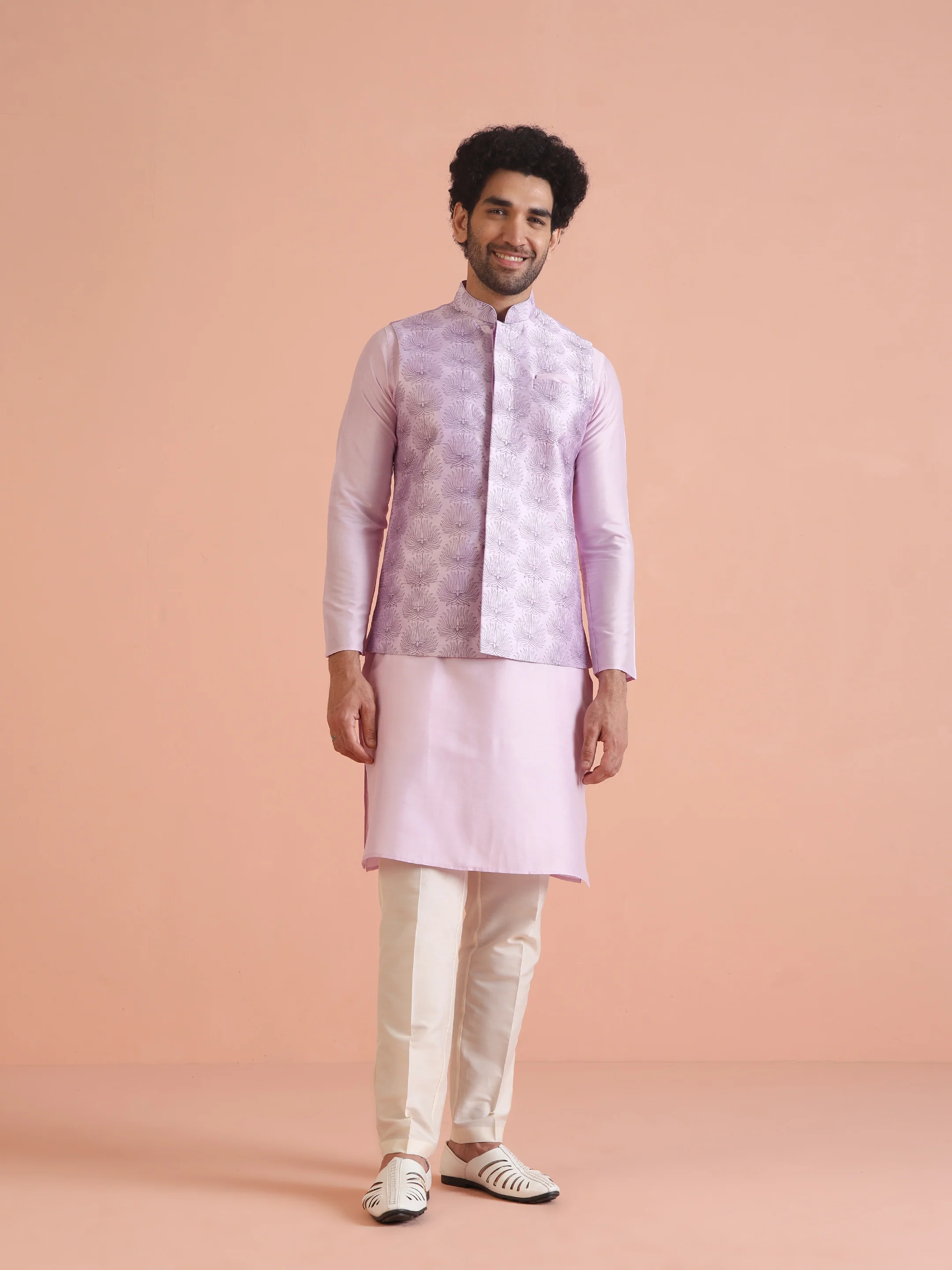 Lilac Floral Pattern Silk Blend Nehru Jacket - Image 2
