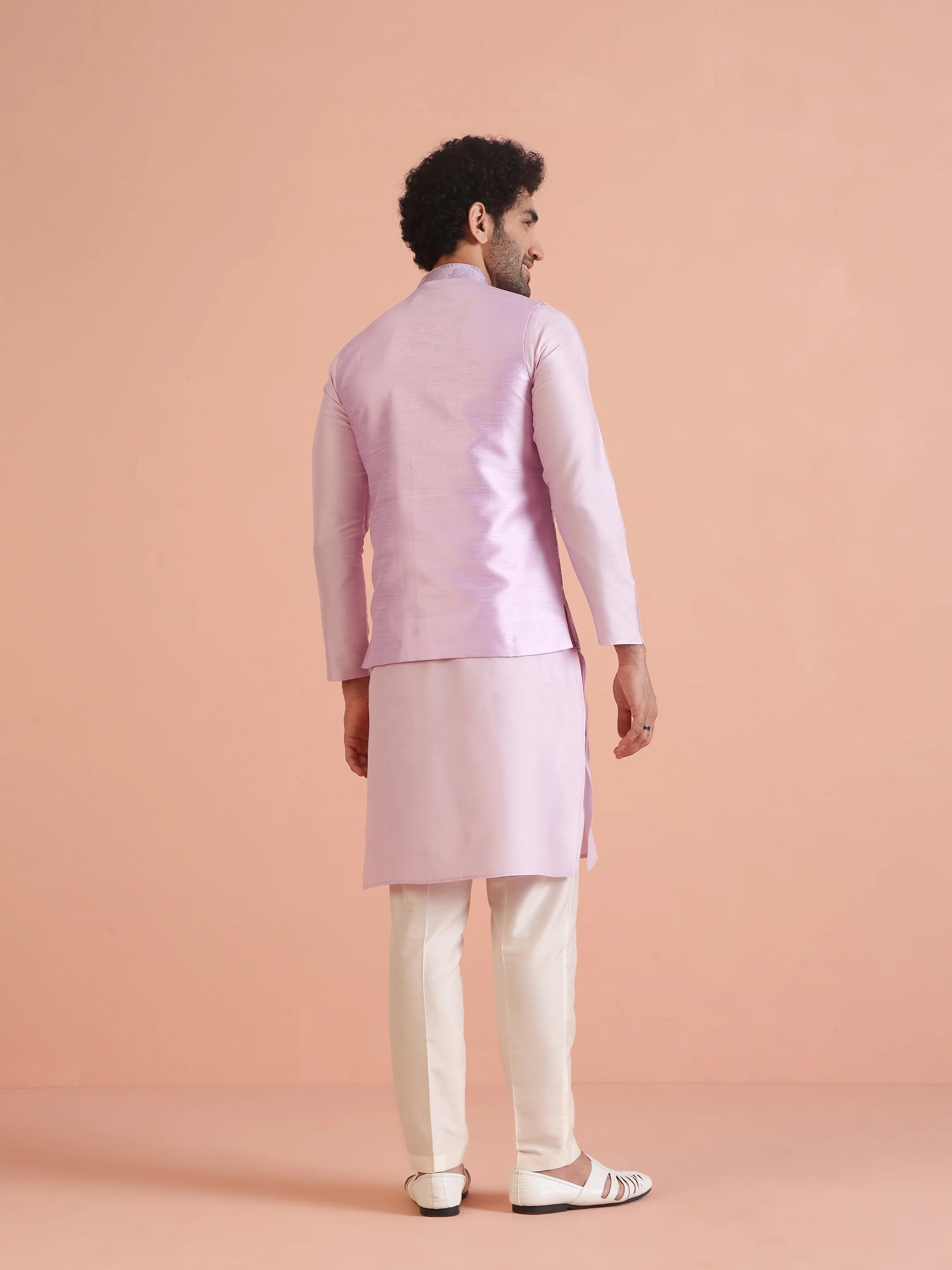 Lilac Floral Pattern Silk Blend Nehru Jacket - Image 5