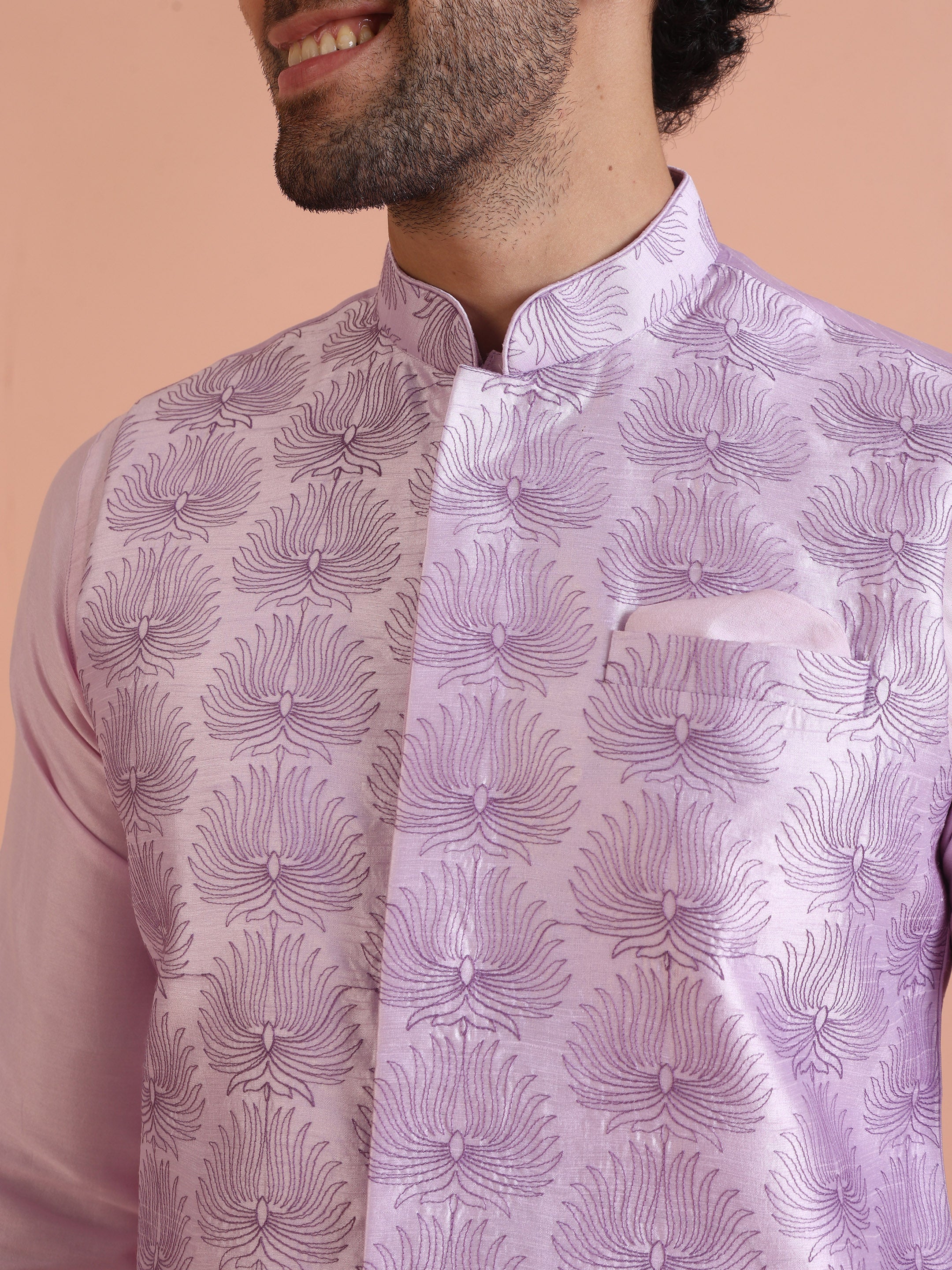 Lilac Floral Pattern Silk Blend Nehru Jacket - Image 6