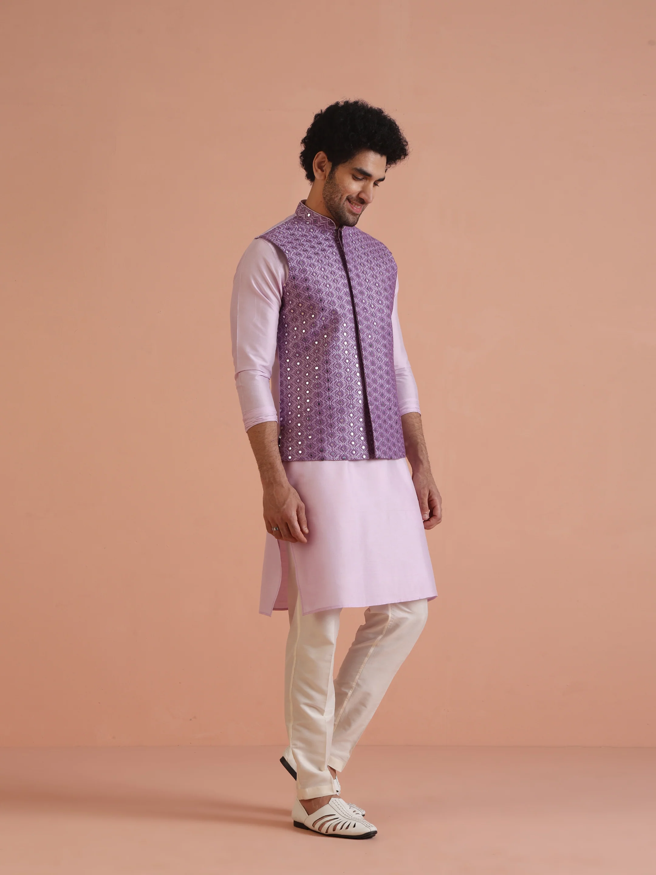 Lavender Mirror Work Nehru Jacket - Image 3