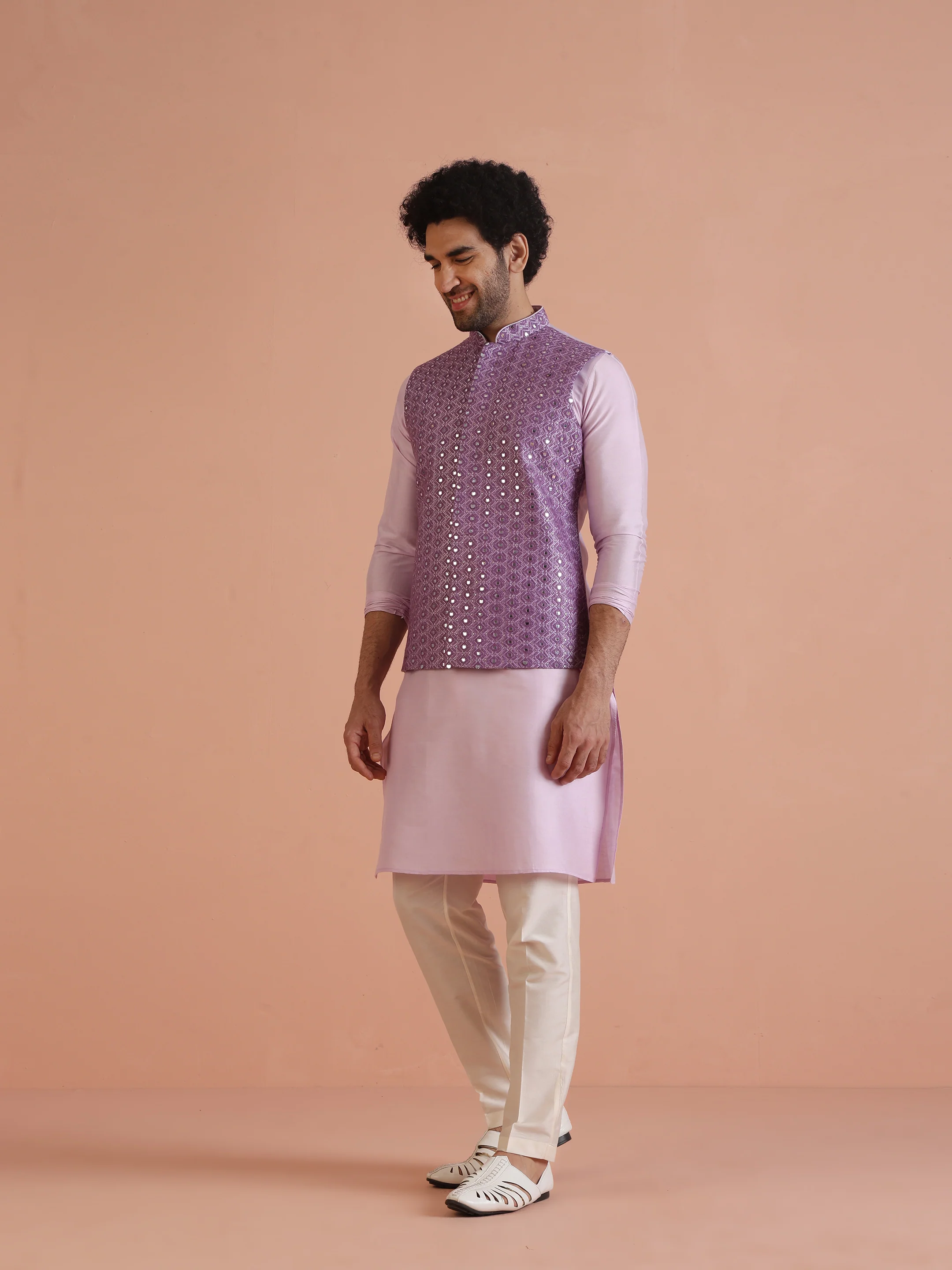 Lavender Mirror Work Nehru Jacket - Image 4