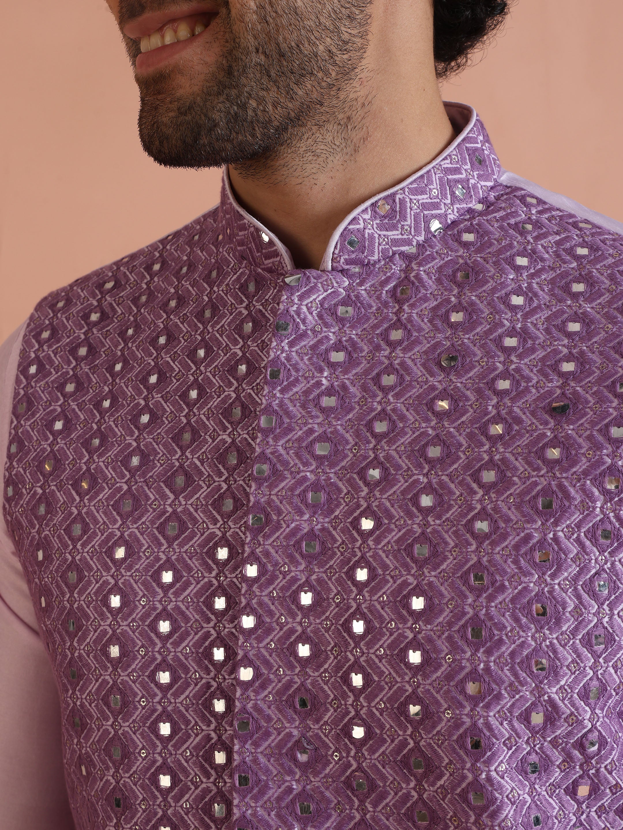 Lavender Mirror Work Nehru Jacket - Image 5