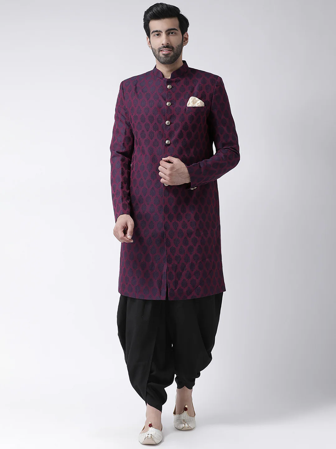 Wine Jacquard Sherwani with Black Dhoti