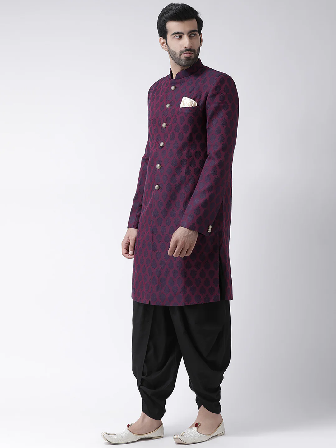 Wine Jacquard Sherwani with Black Dhoti - Image 2