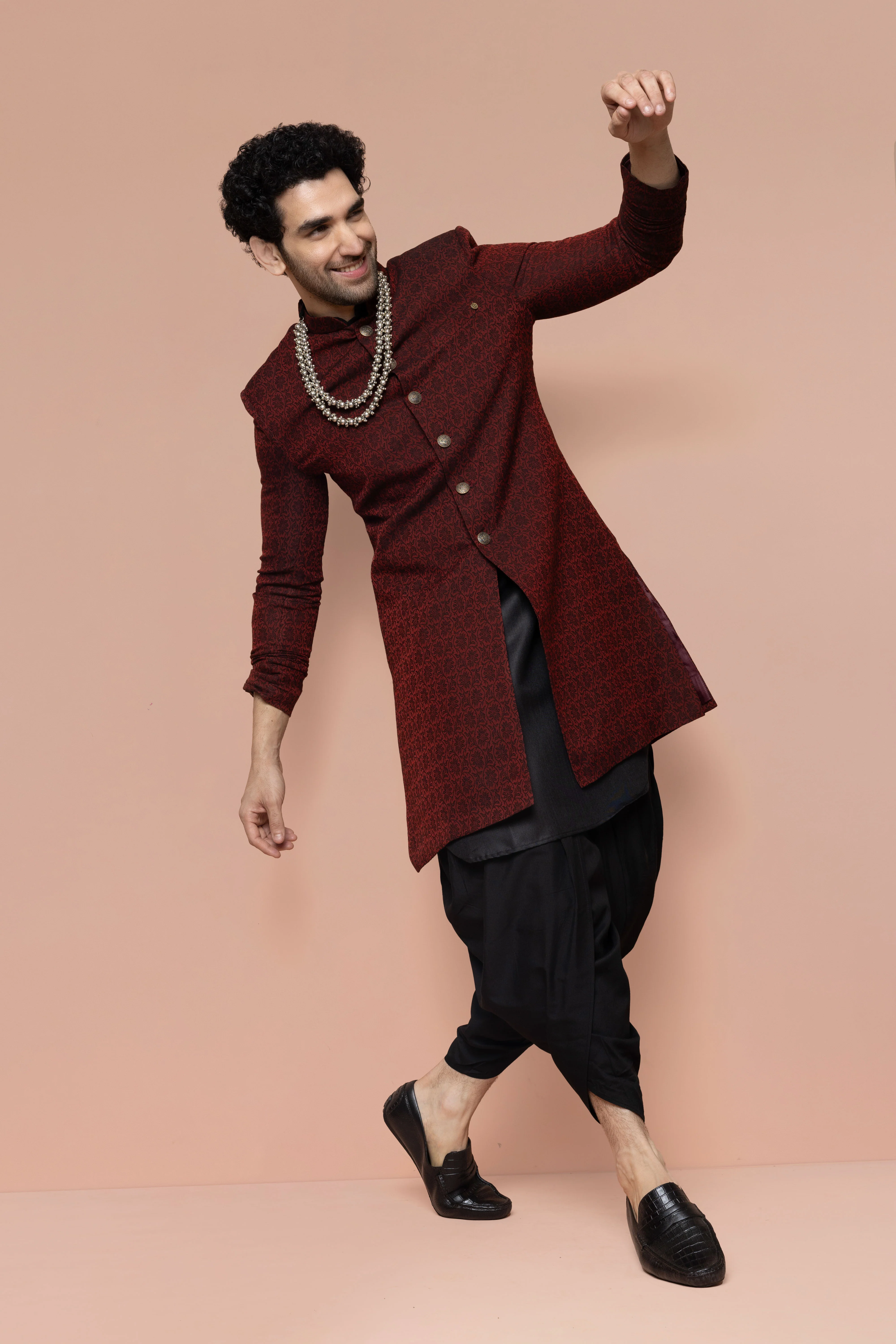 Maroon Cotton Silk Jacquard Sherwani Kurta Dhoti Set