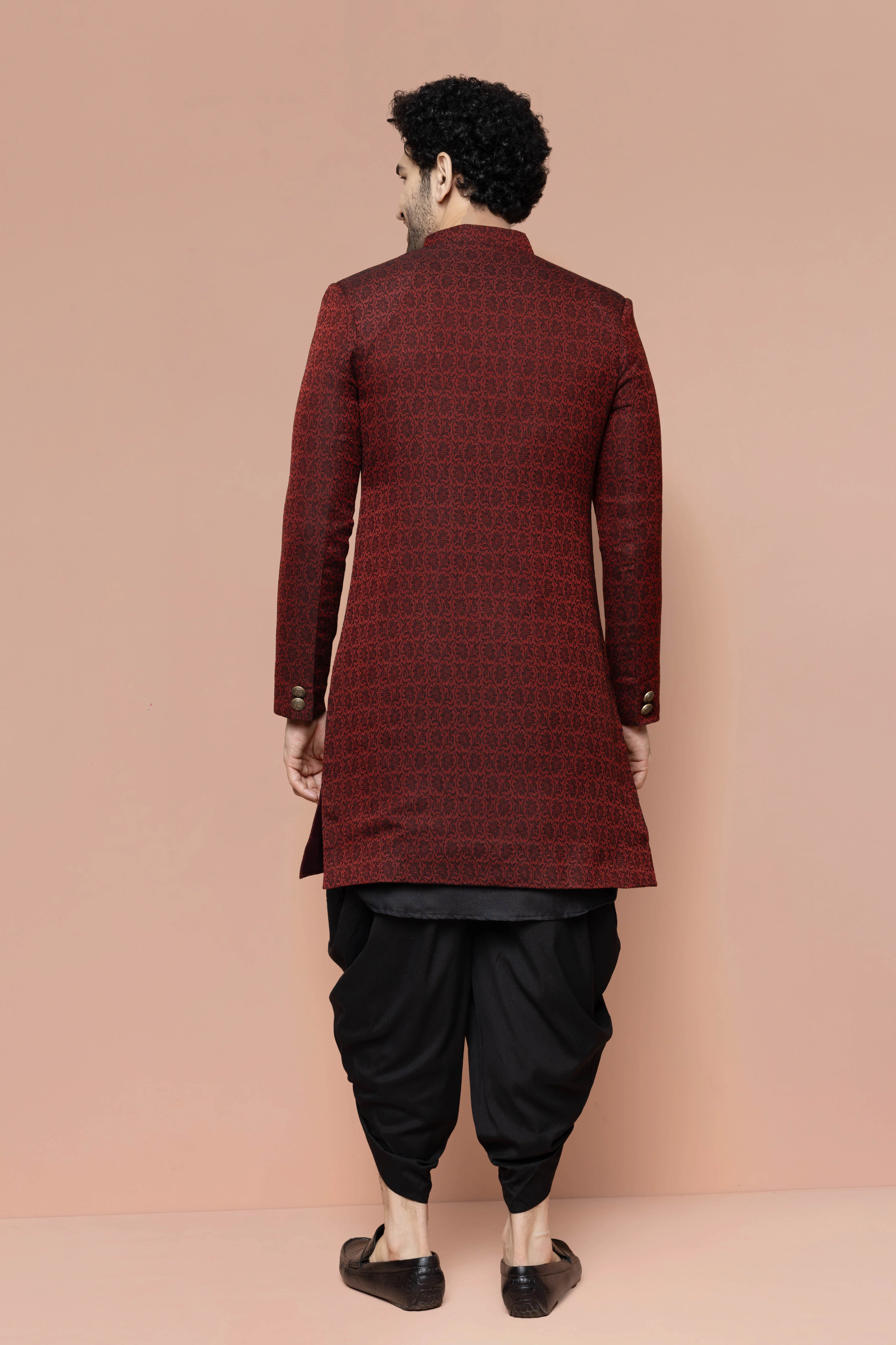 Maroon Cotton Silk Jacquard Sherwani Kurta Dhoti Set - Image 4