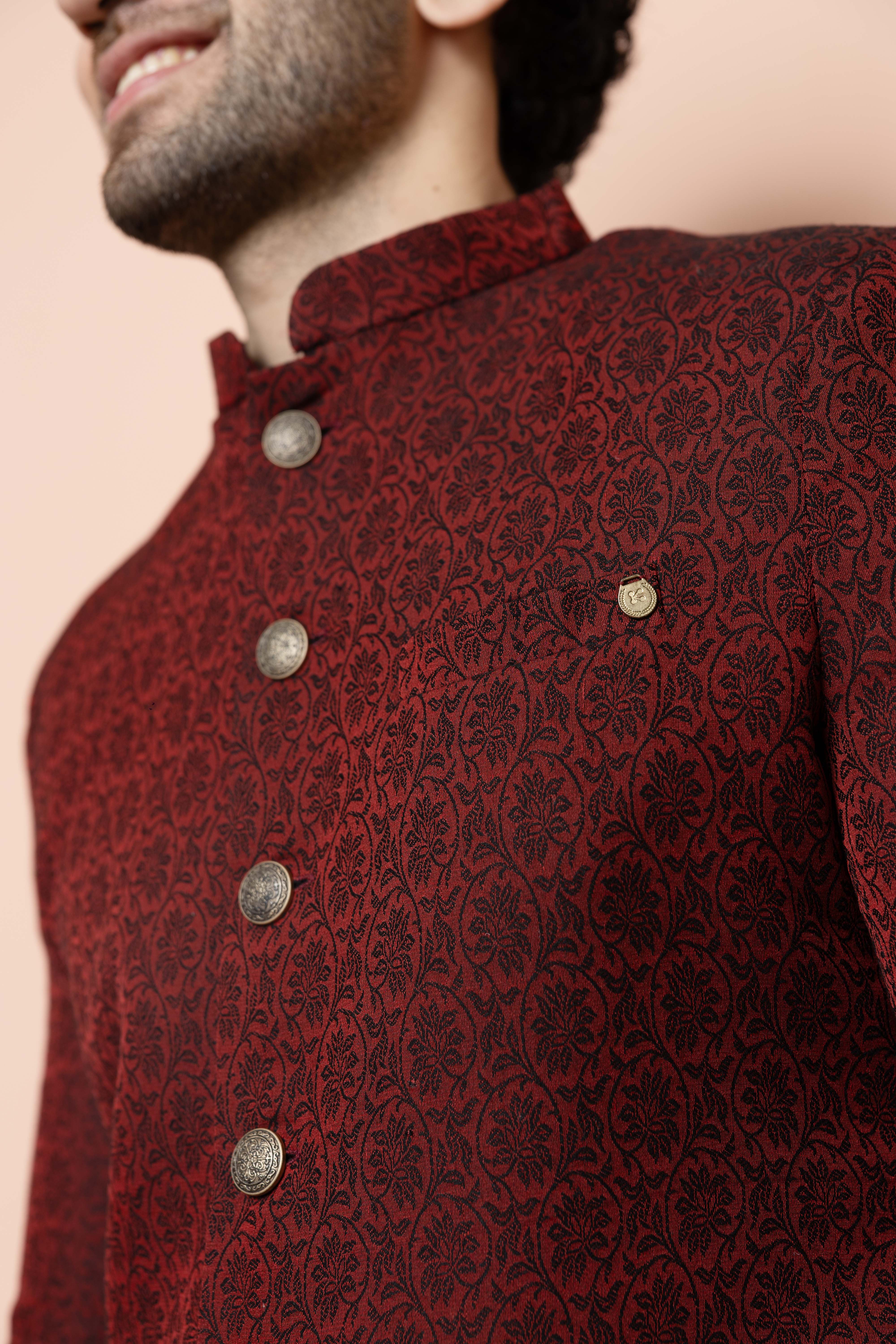 Maroon Cotton Silk Jacquard Sherwani Kurta Dhoti Set - Image 5