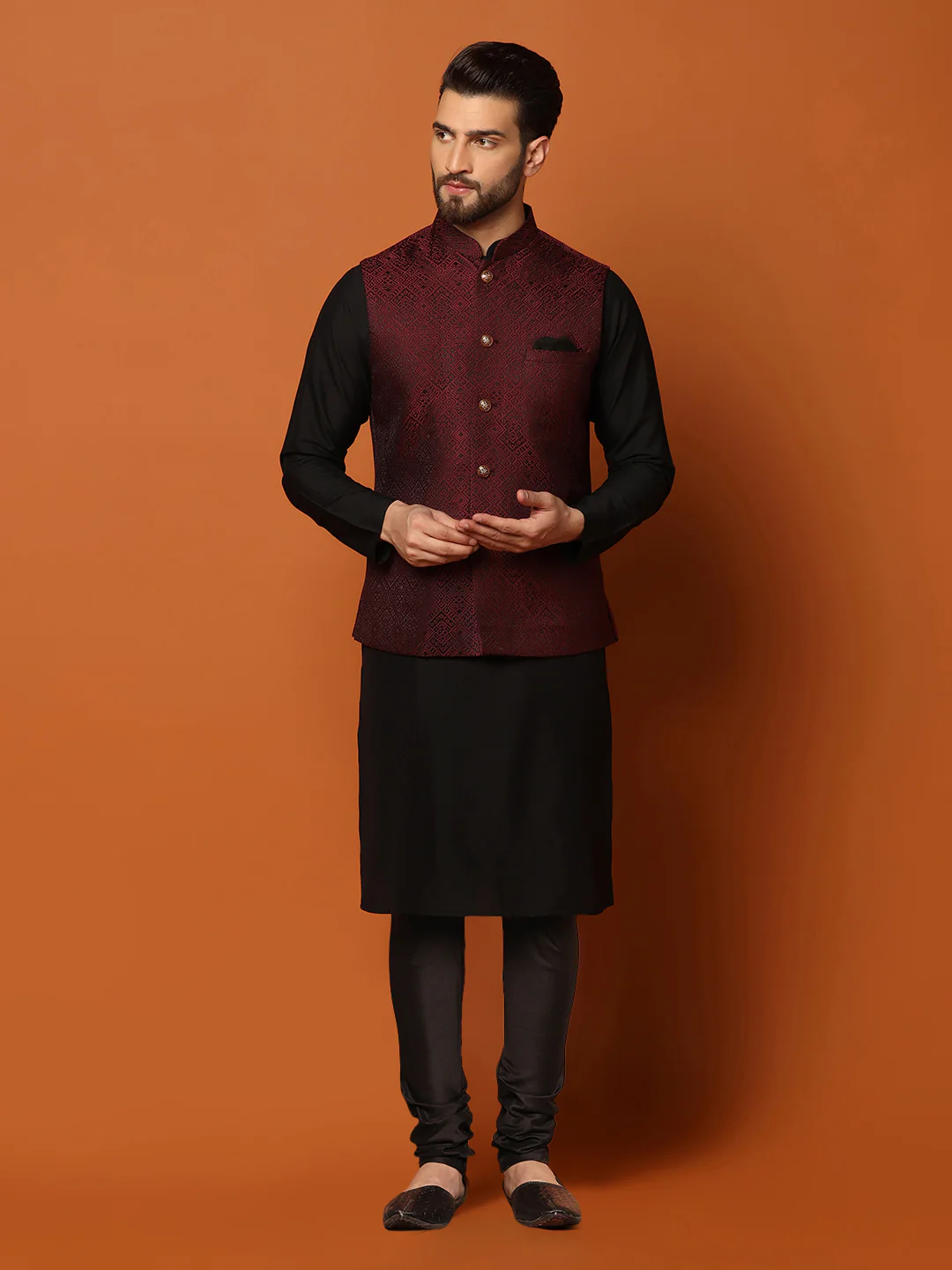 Men's Maroon Kurta Jacket Churidar Set