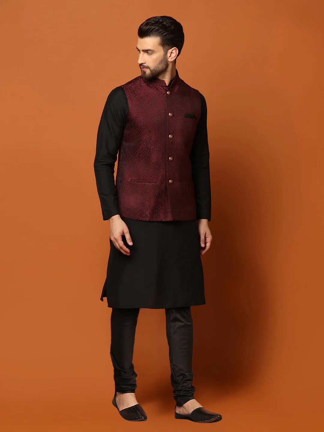 Men's Maroon Kurta Jacket Churidar Set - Image 2