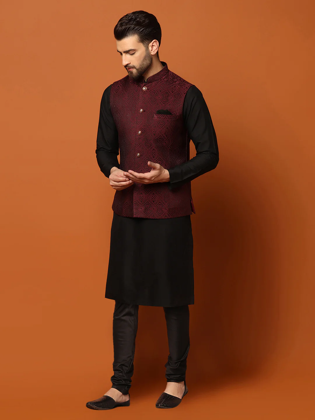 Men's Maroon Kurta Jacket Churidar Set - Image 3