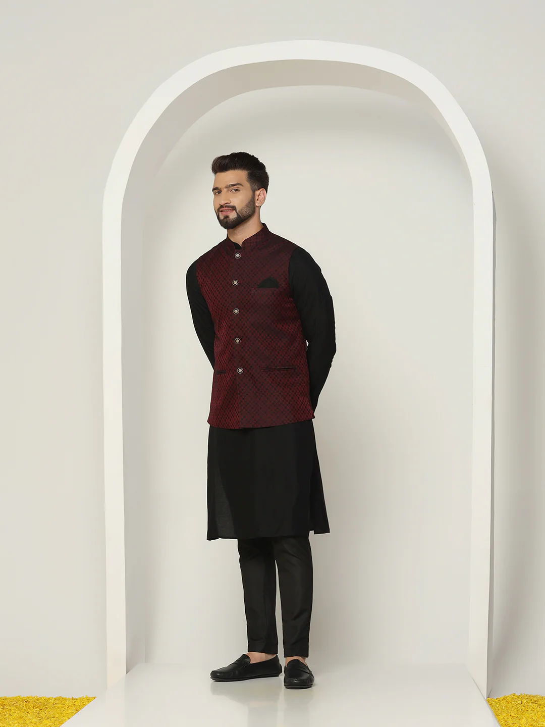 Maroon Jacquard Nehru Jacket Kurta Trouser Set - Image 3