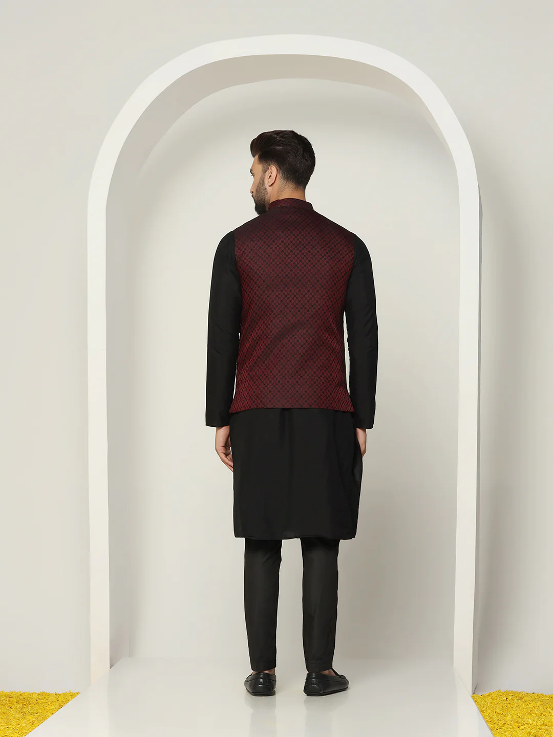 Maroon Jacquard Nehru Jacket Kurta Trouser Set - Image 4