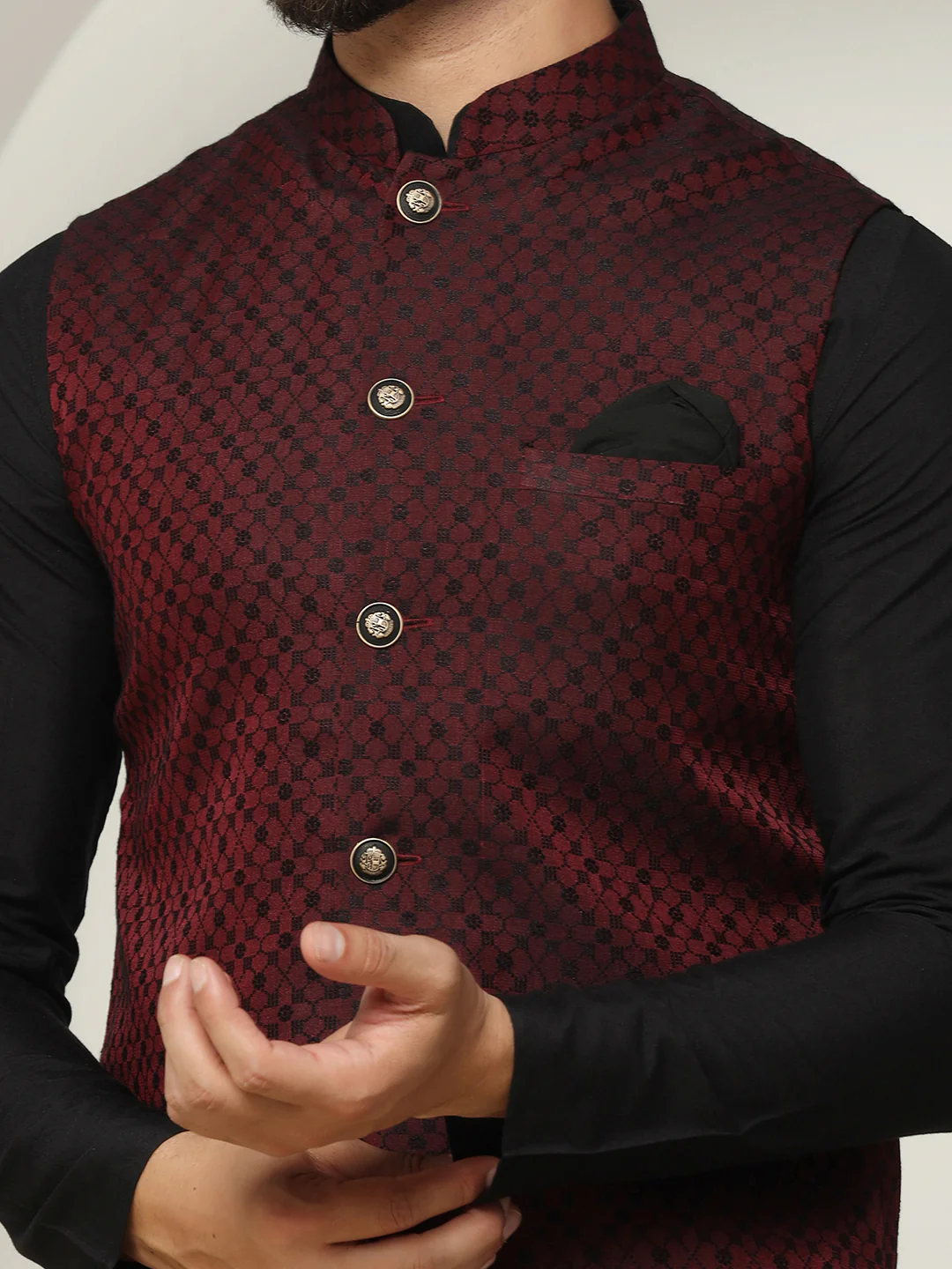 Maroon Jacquard Nehru Jacket Kurta Trouser Set - Image 6