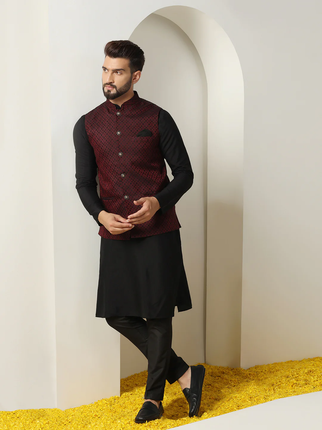 Maroon Jacquard Nehru Jacket Kurta Trouser Set - Image 8