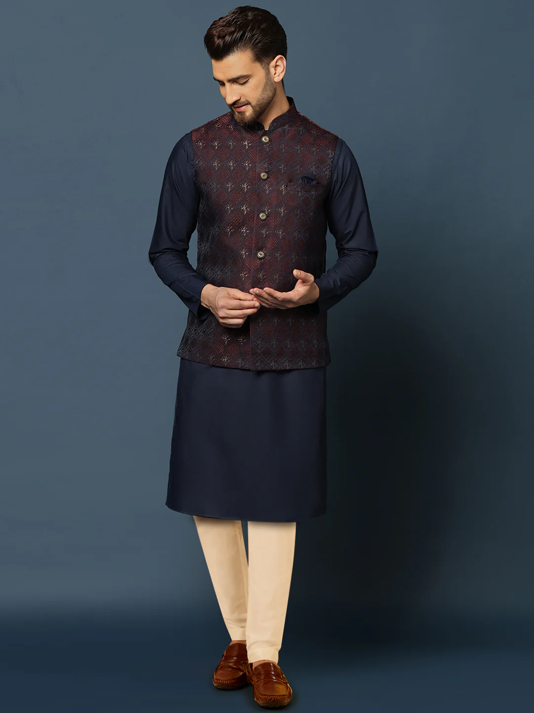Men's Maroon Kurta Jacket Trouser Set
