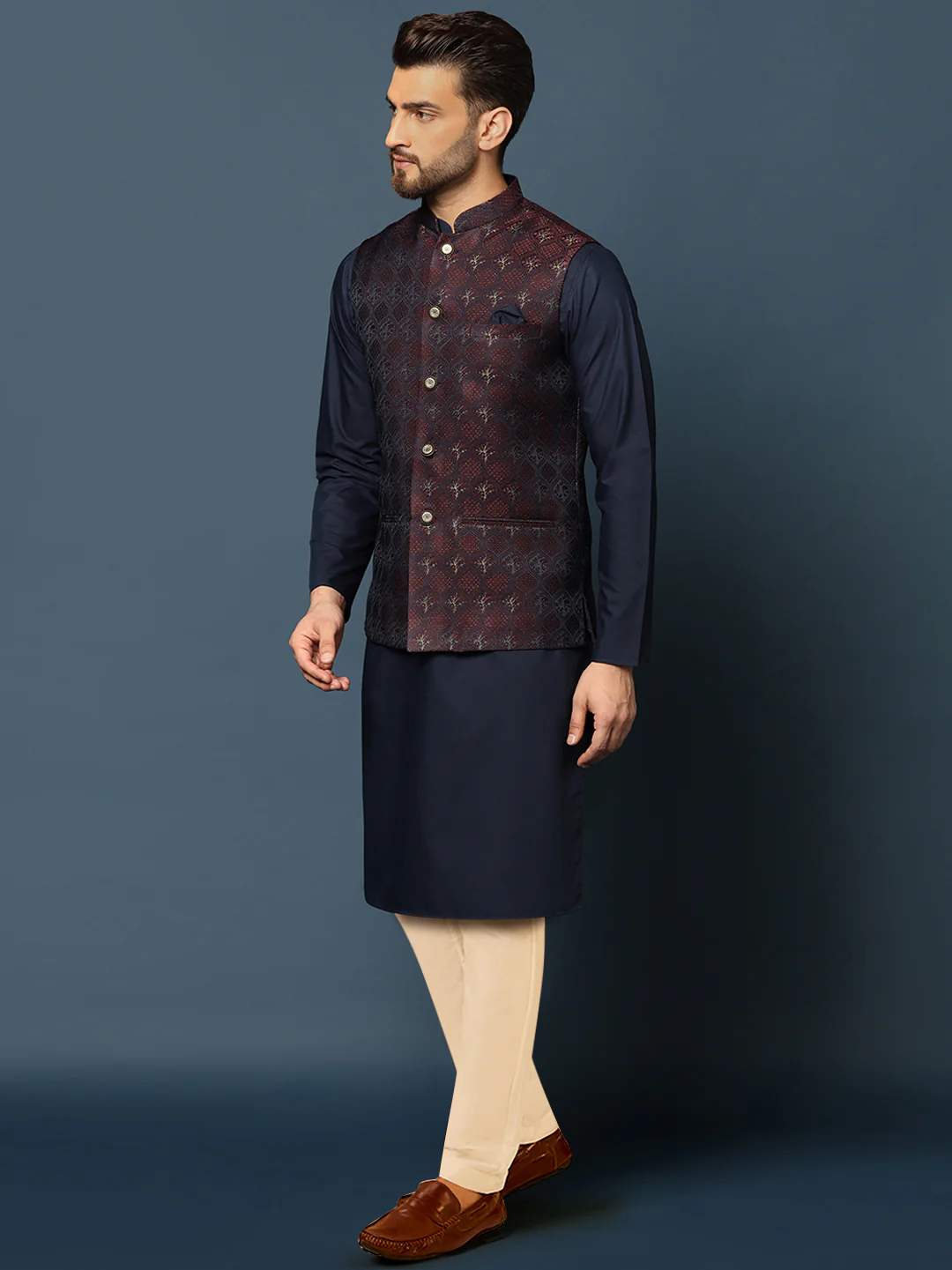 Men's Maroon Kurta Jacket Trouser Set - Image 3