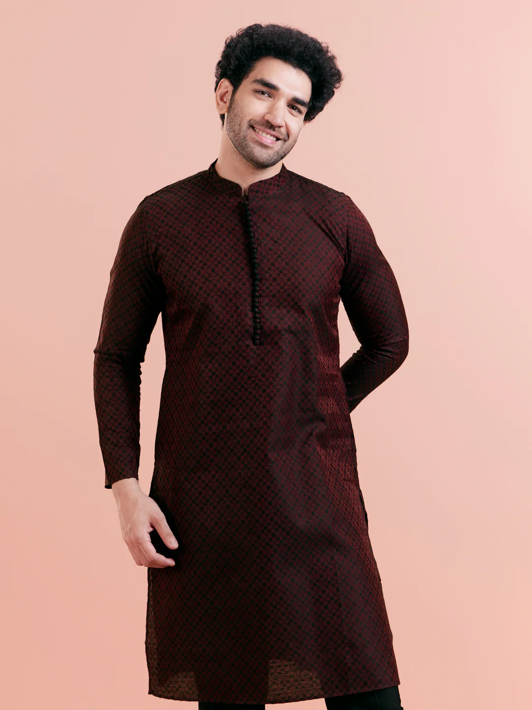 Maroon Silk Blend Woven Long Kurta - Image 6