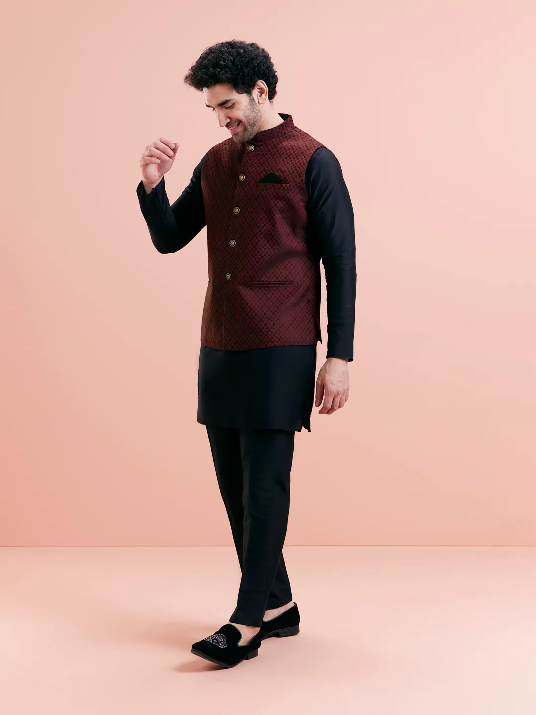 Maroon Silk Blend Jacquard Nehru Jacket - Image 2